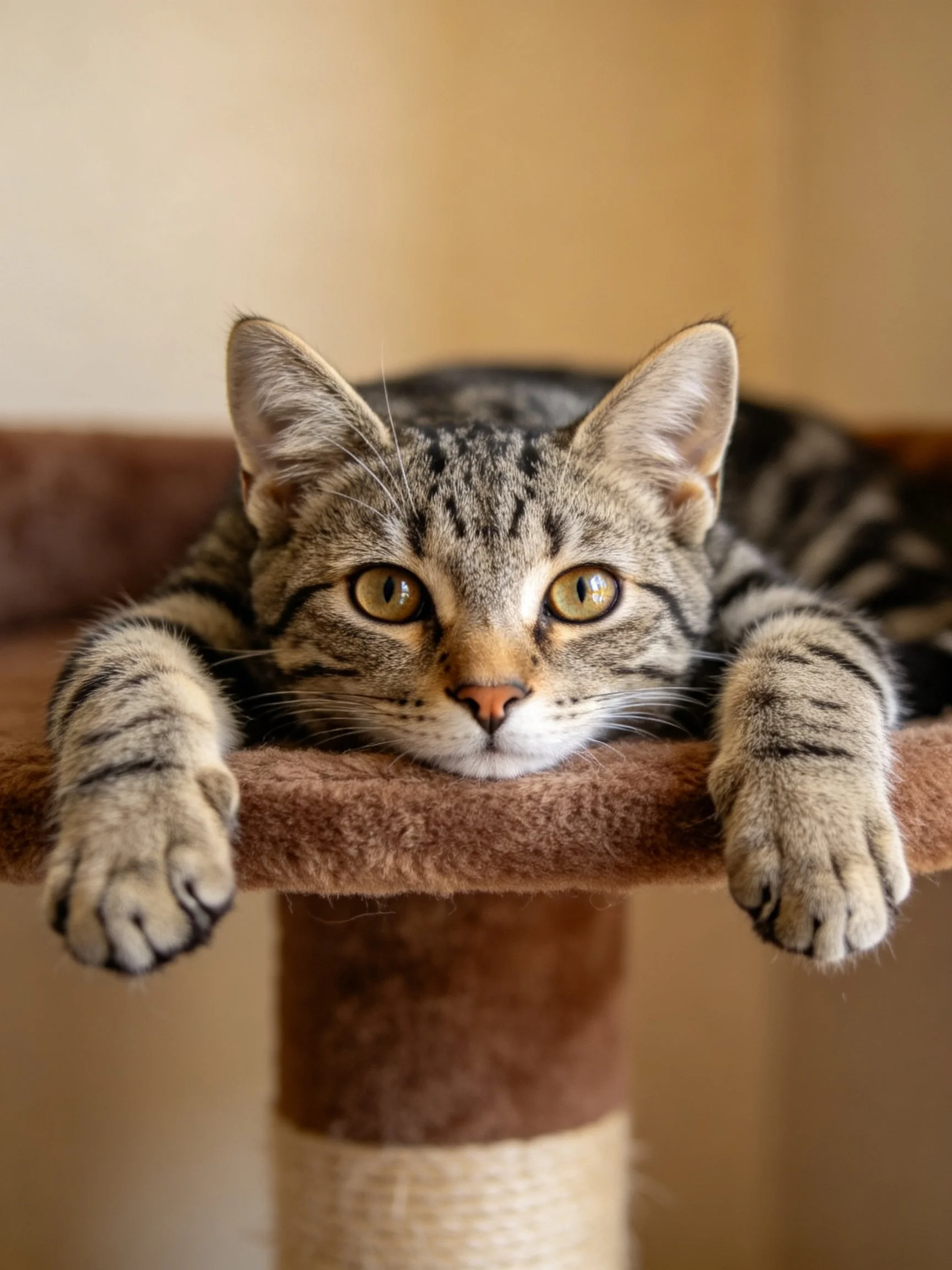 A tabby cat resting on a brown cat tree with outstretched paws