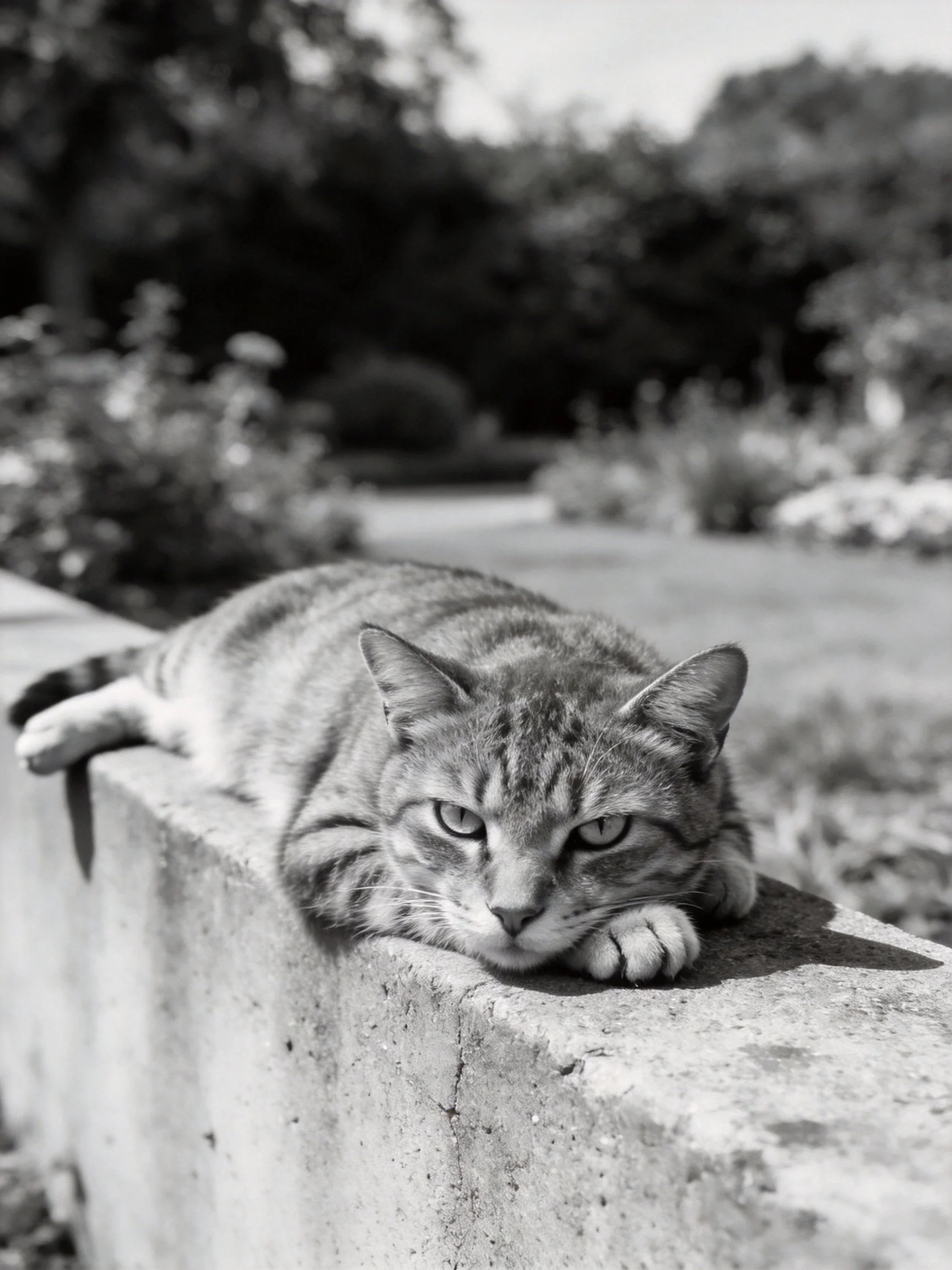 A tabby cat resting on a concrete ledge in a garden