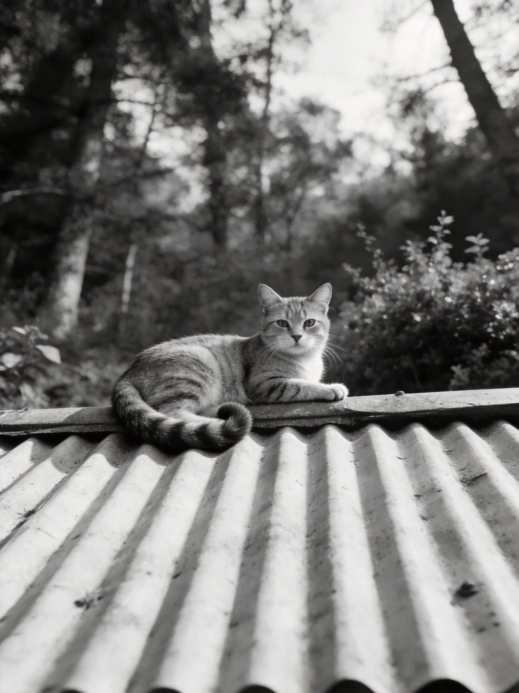 A tabby cat resting on a corrugated roof in a wooded setting