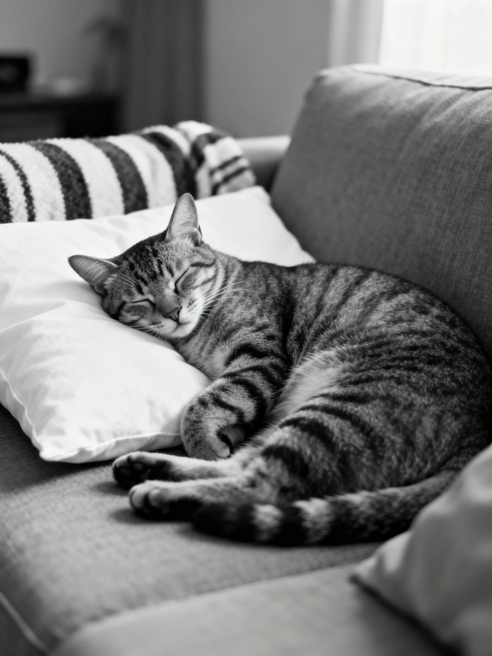 A tabby cat resting on a cushioned sofa