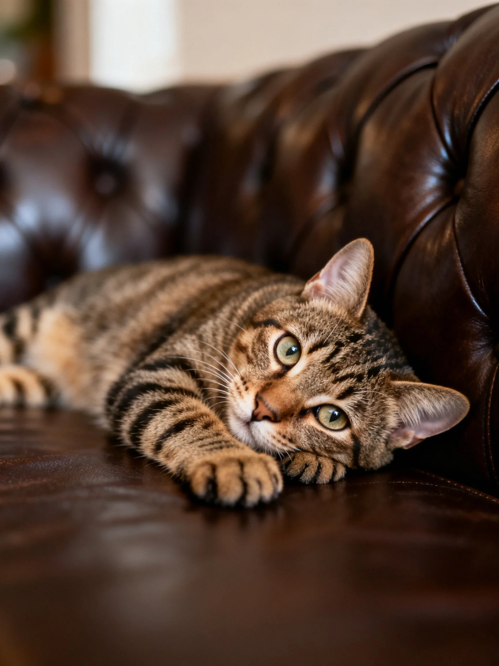 A tabby cat rests on a dark brown leather sofa