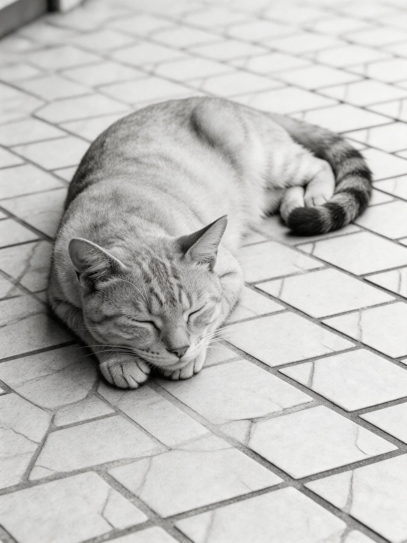 A tabby cat sleeps calmly on a geometric-patterned tile floor.