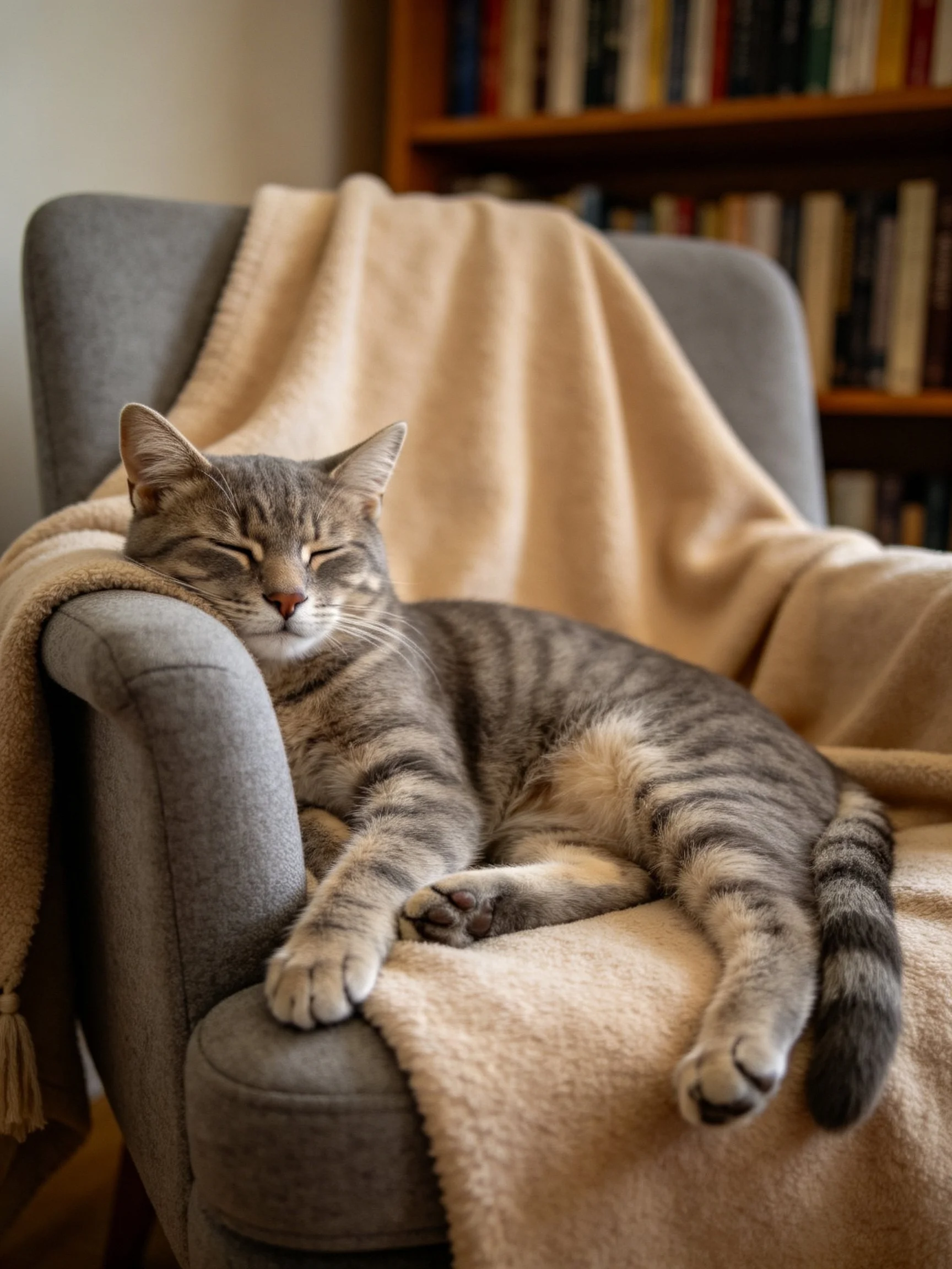 A tabby cat resting on a gray armchair with a beige blanket