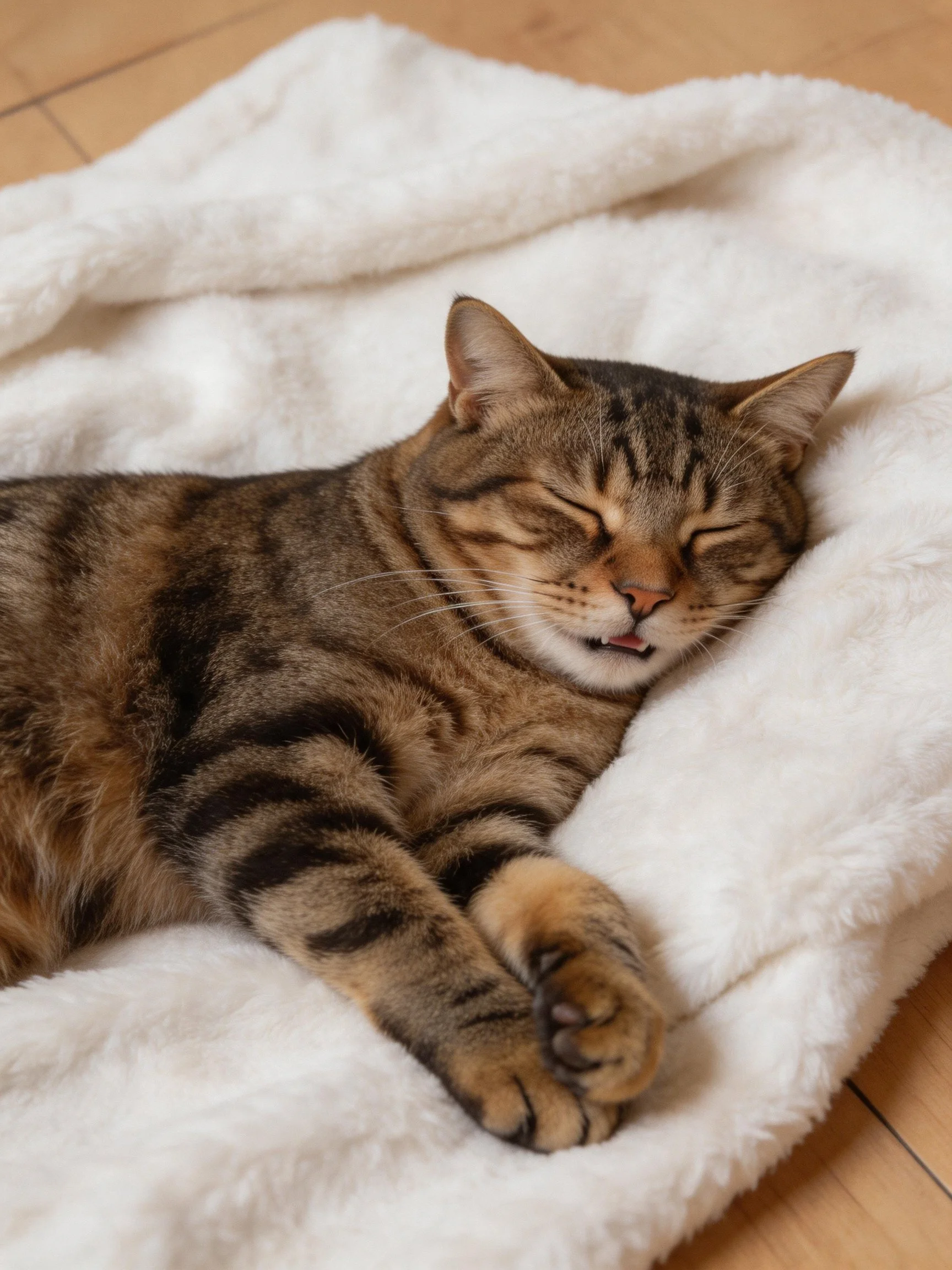 A tabby cat resting on a plush white blanket