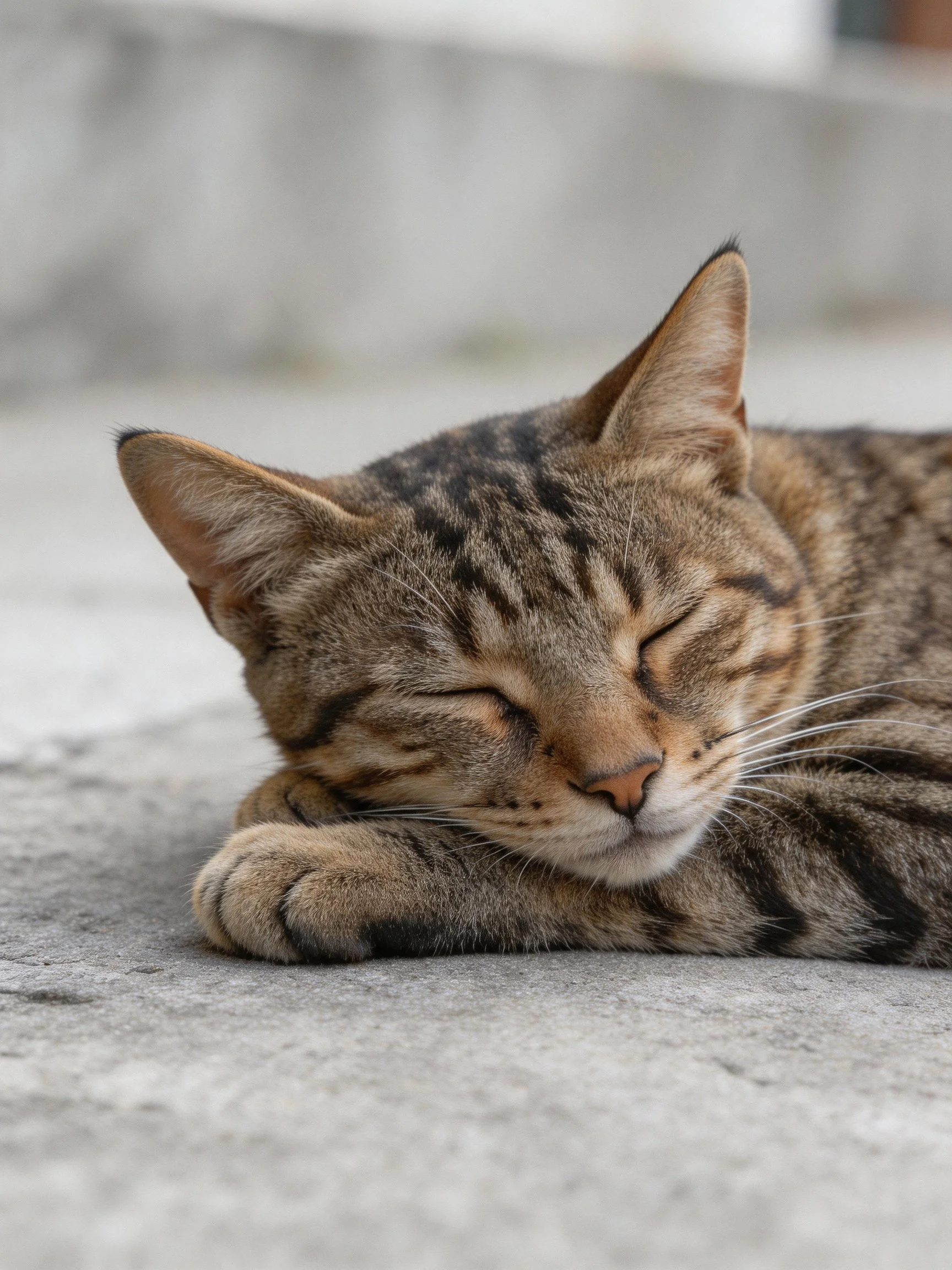 A tabby cat resting on a smooth gray concrete surface