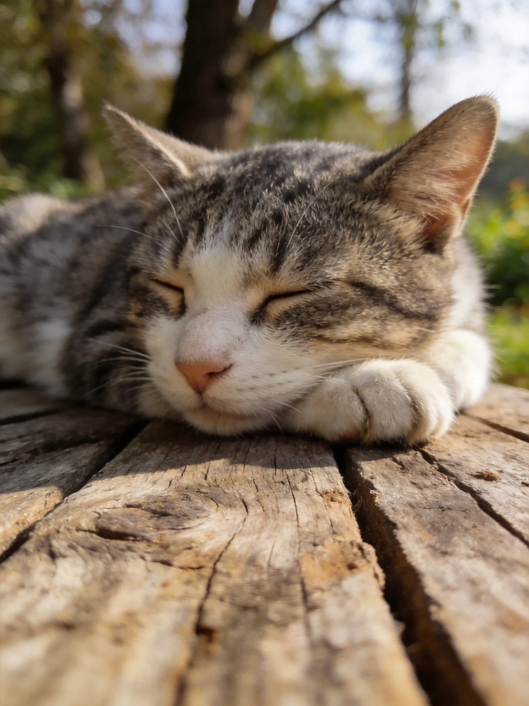 A tabby cat sleeps peacefully on a rustic wooden bench in an outdoor setting.
