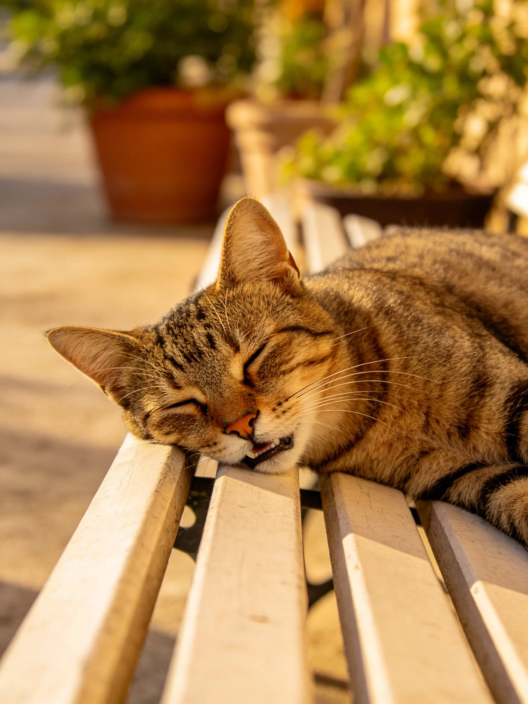 A tabby cat resting on a white bench amid green potted plants