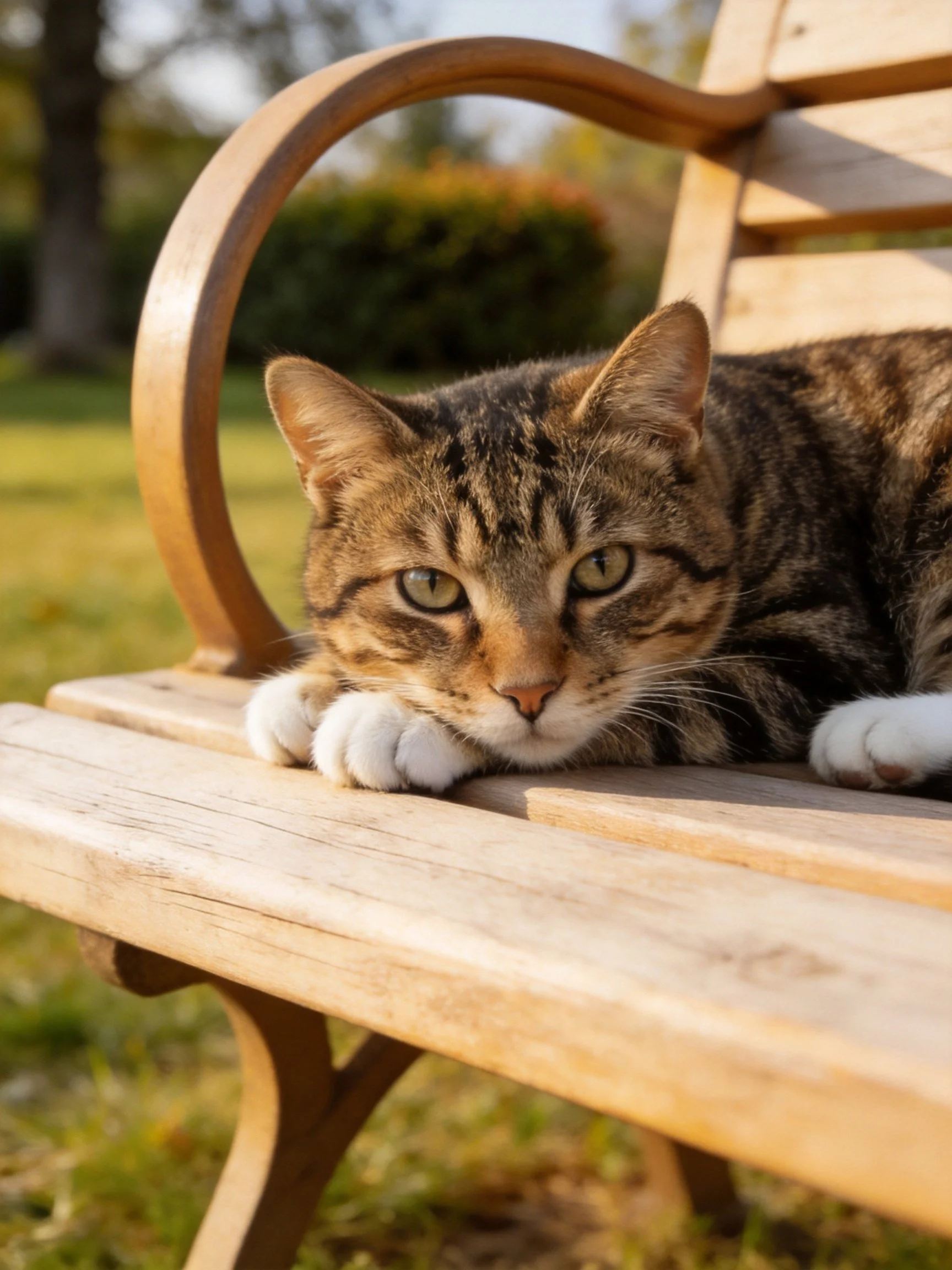 A tabby cat resting on a wooden bench outdoors