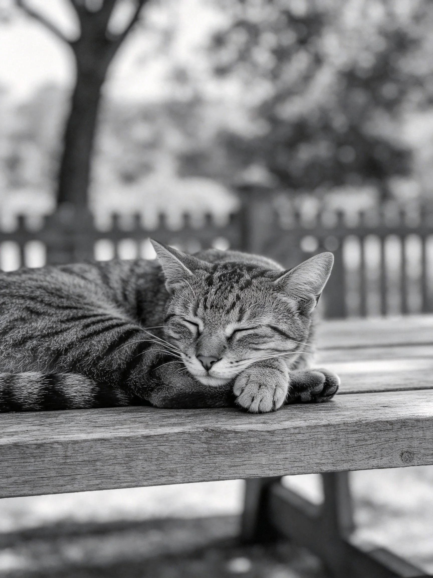 A tabby cat resting on a wooden bench outdoors