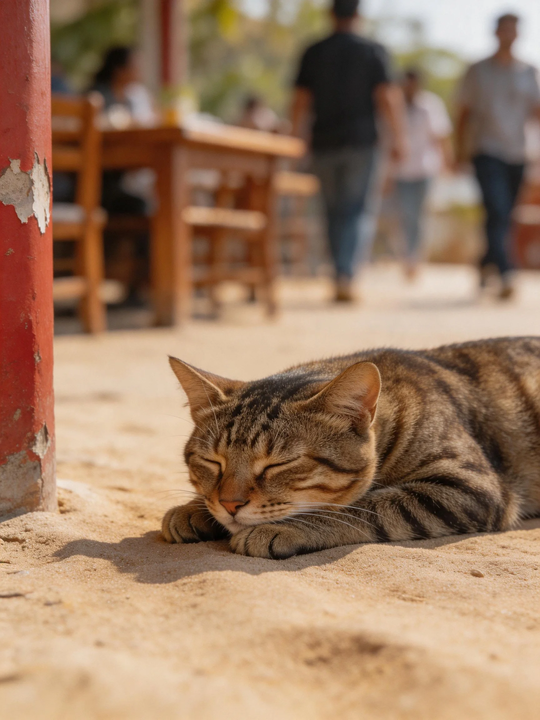 A tabby cat resting on sandy pavement near a weathered red post
