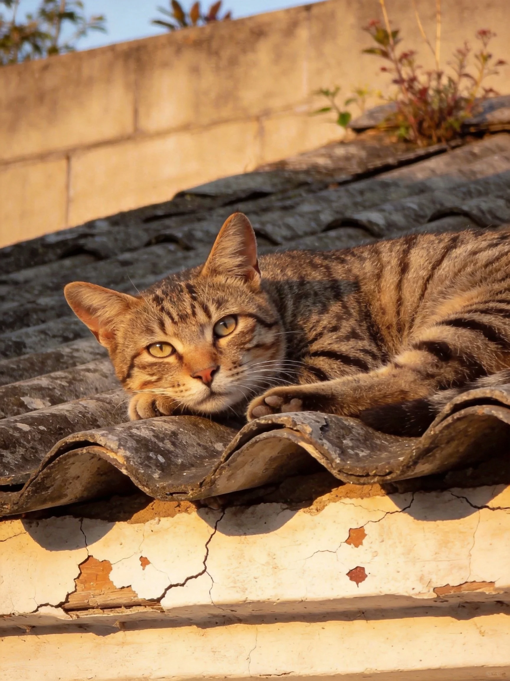 A tabby cat relaxes on an old rooftop bathed in warm sunlight.