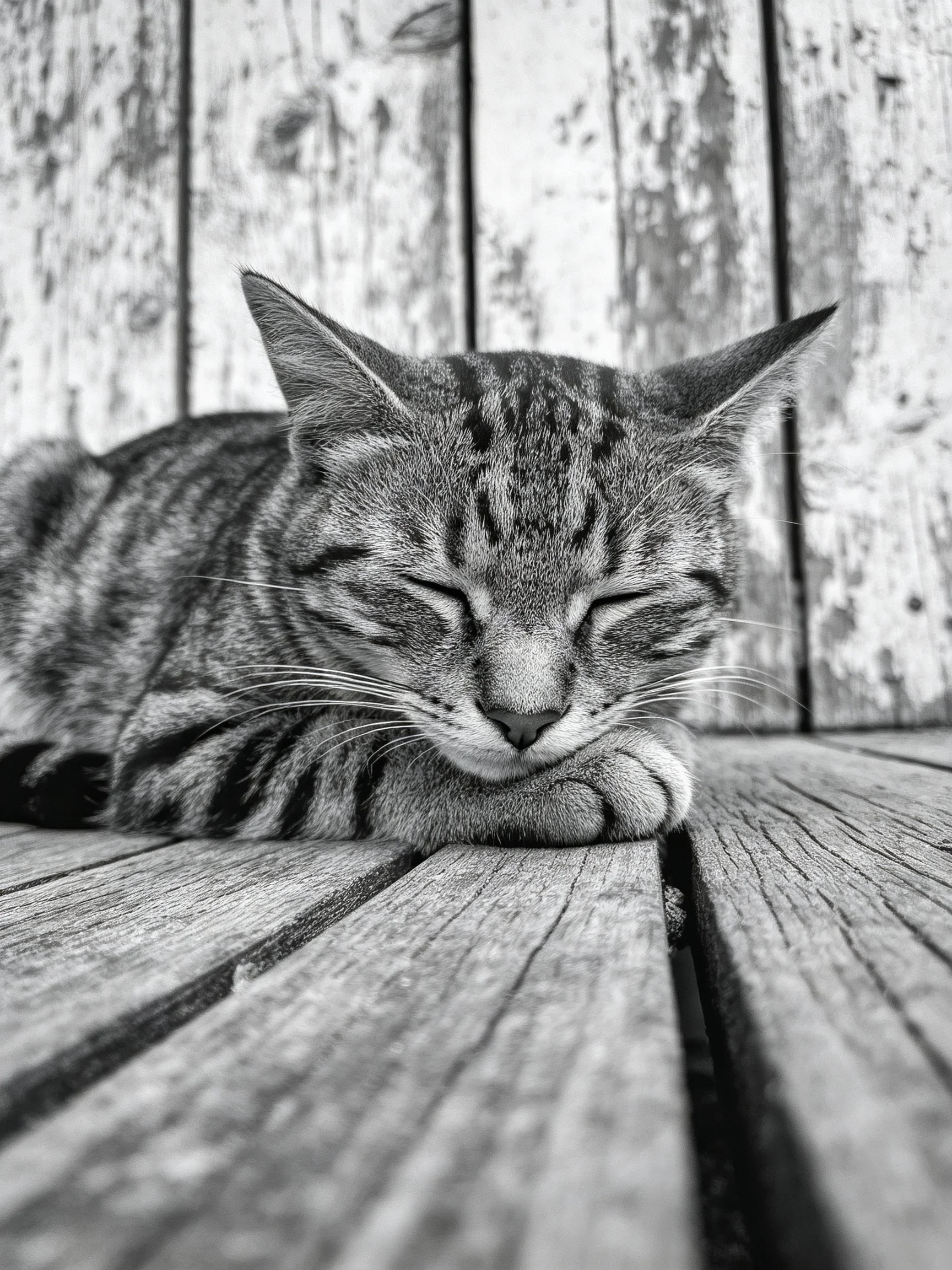 A tabby cat sleeps peacefully on weathered wooden planks.