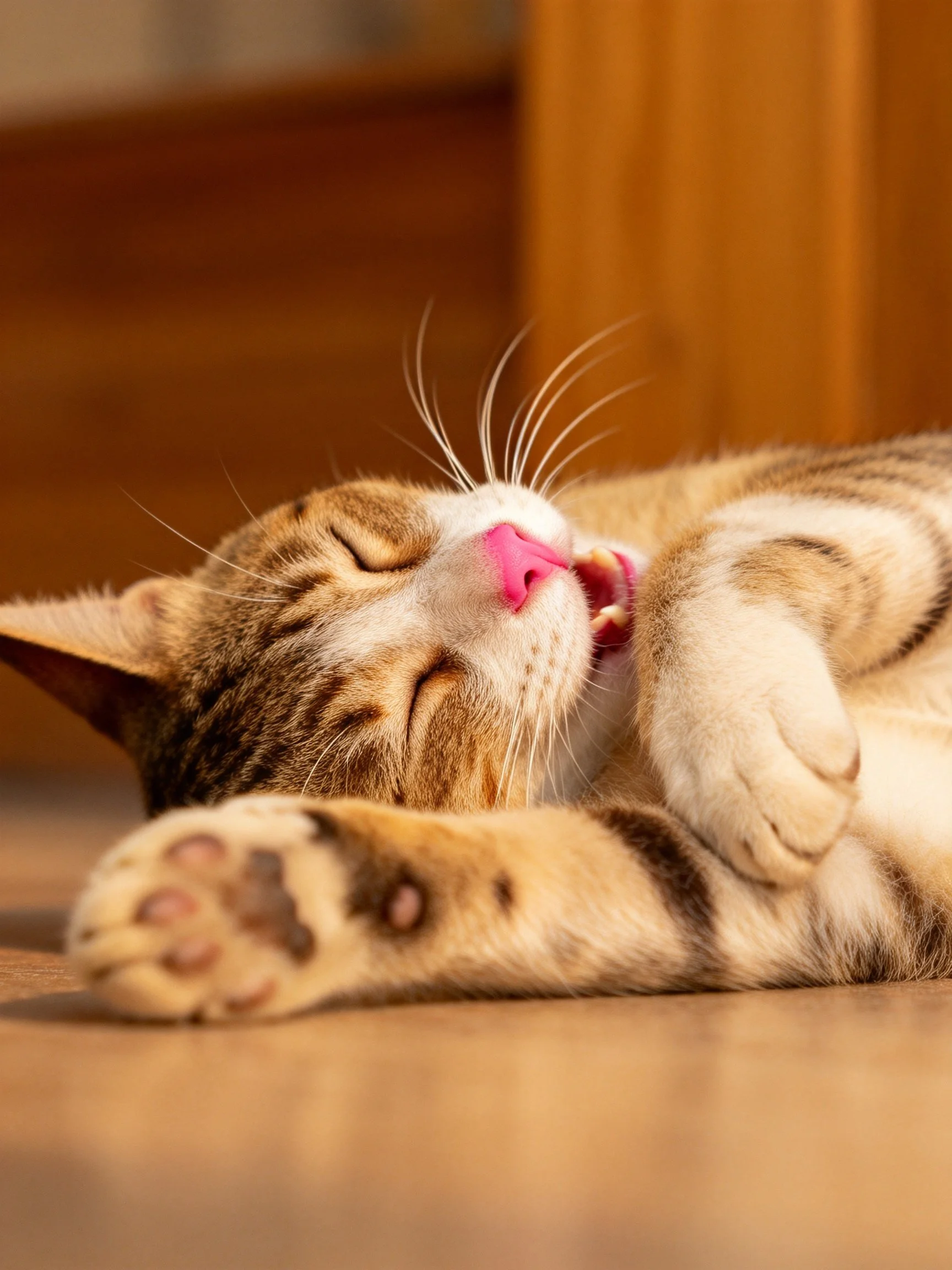 A tabby cat resting with closed eyes on a wooden surface