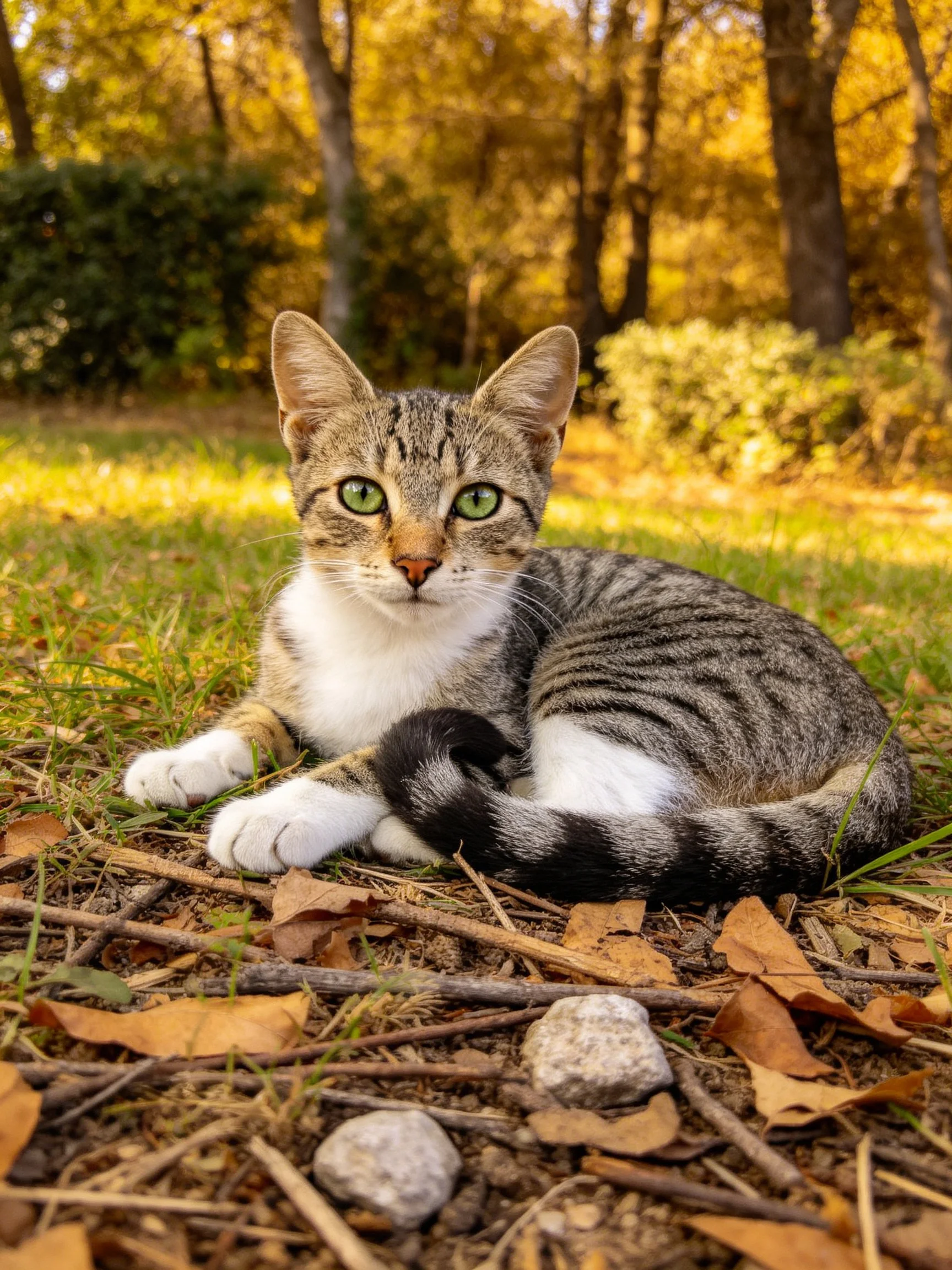 A tabby cat rests amid autumn leaves and golden trees