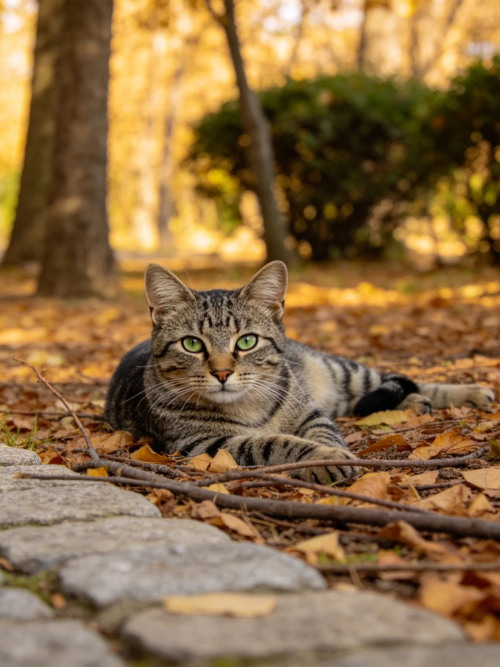 A tabby cat lies among fallen leaves in a sunlit park setting.