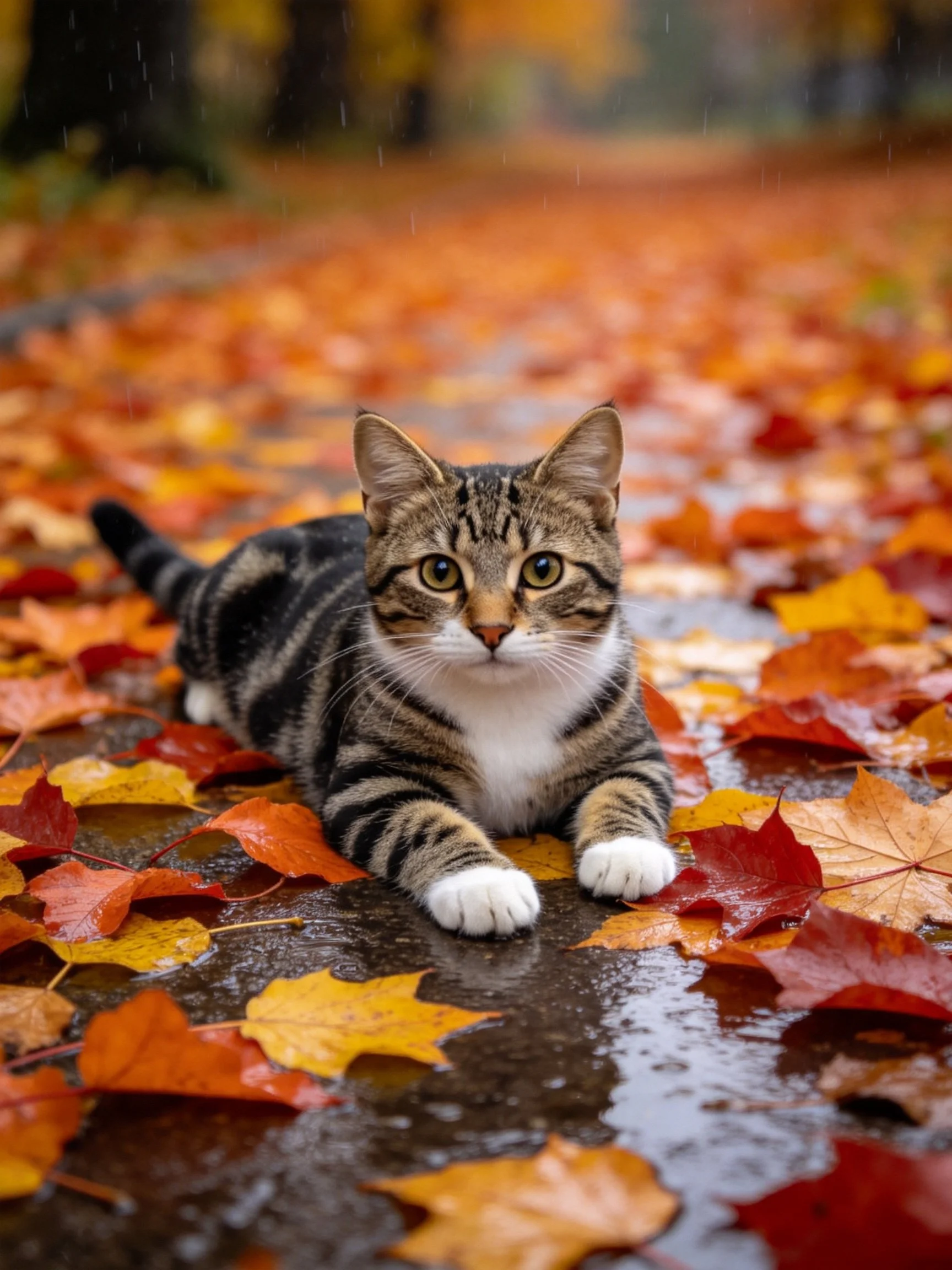 A tabby cat lies among colorful autumn leaves on a wet path