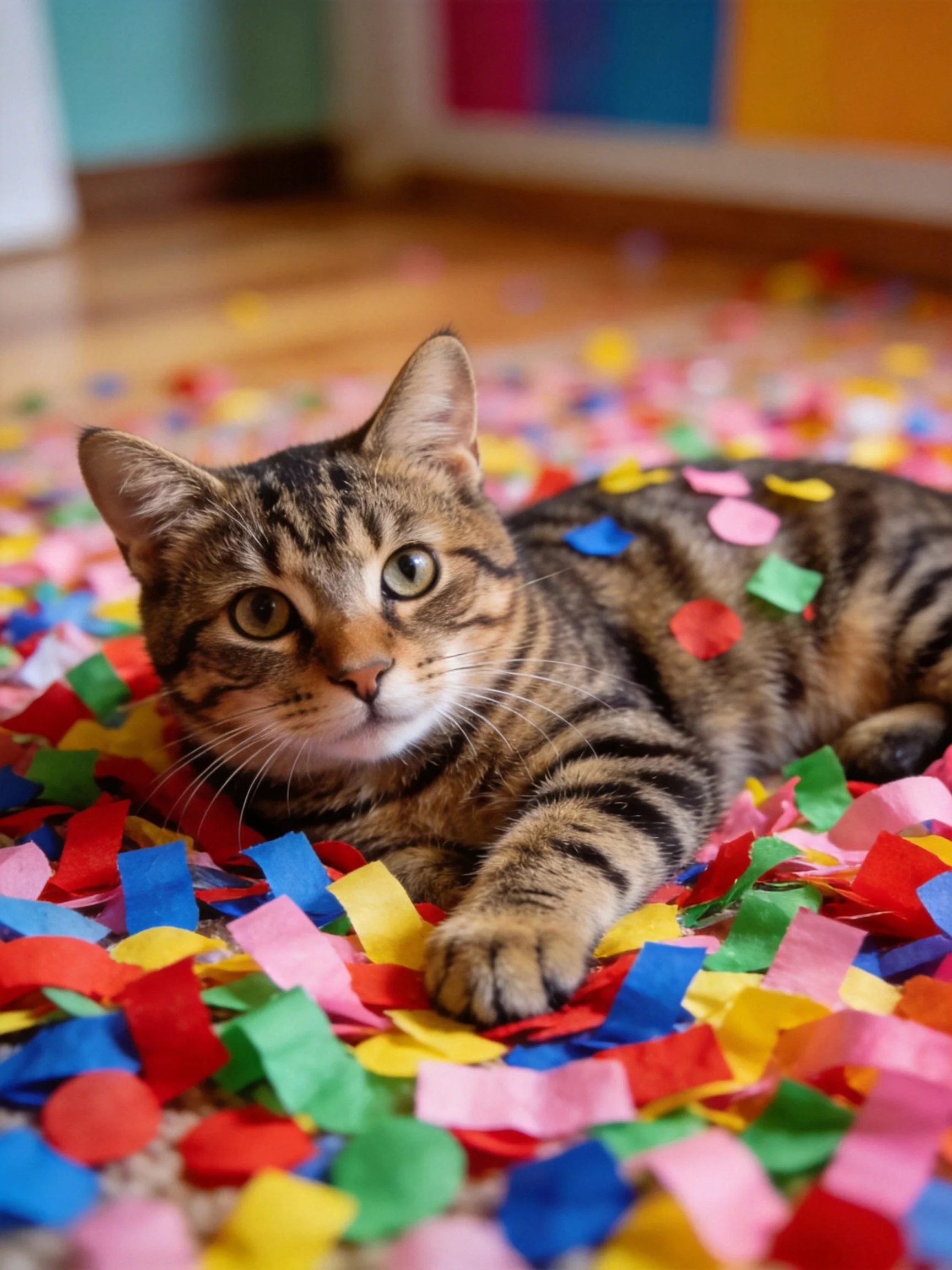 A tabby cat relaxes on a bed of colorful paper confetti.