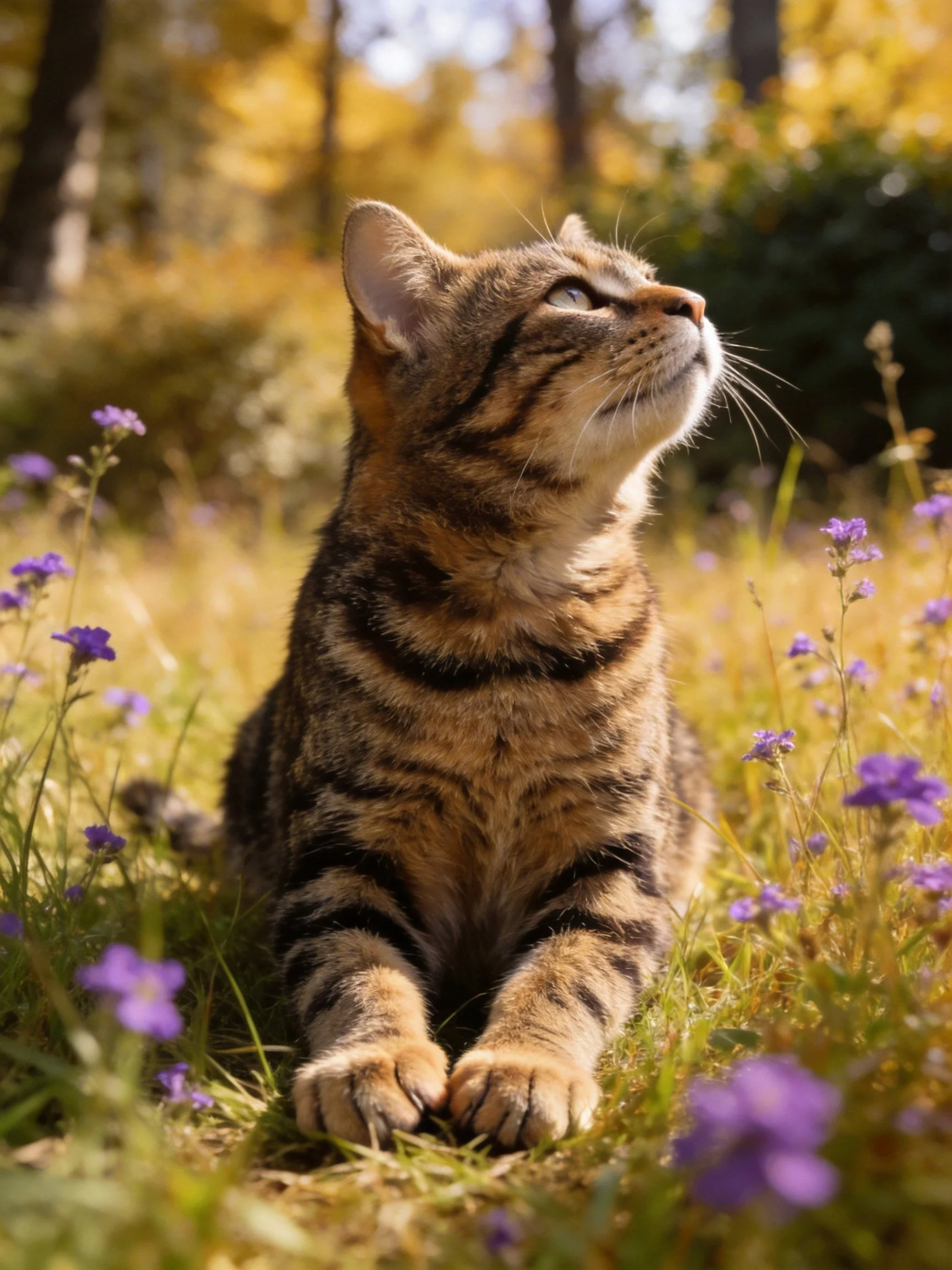 A tabby cat relaxes among purple flowers in a sunlit meadow