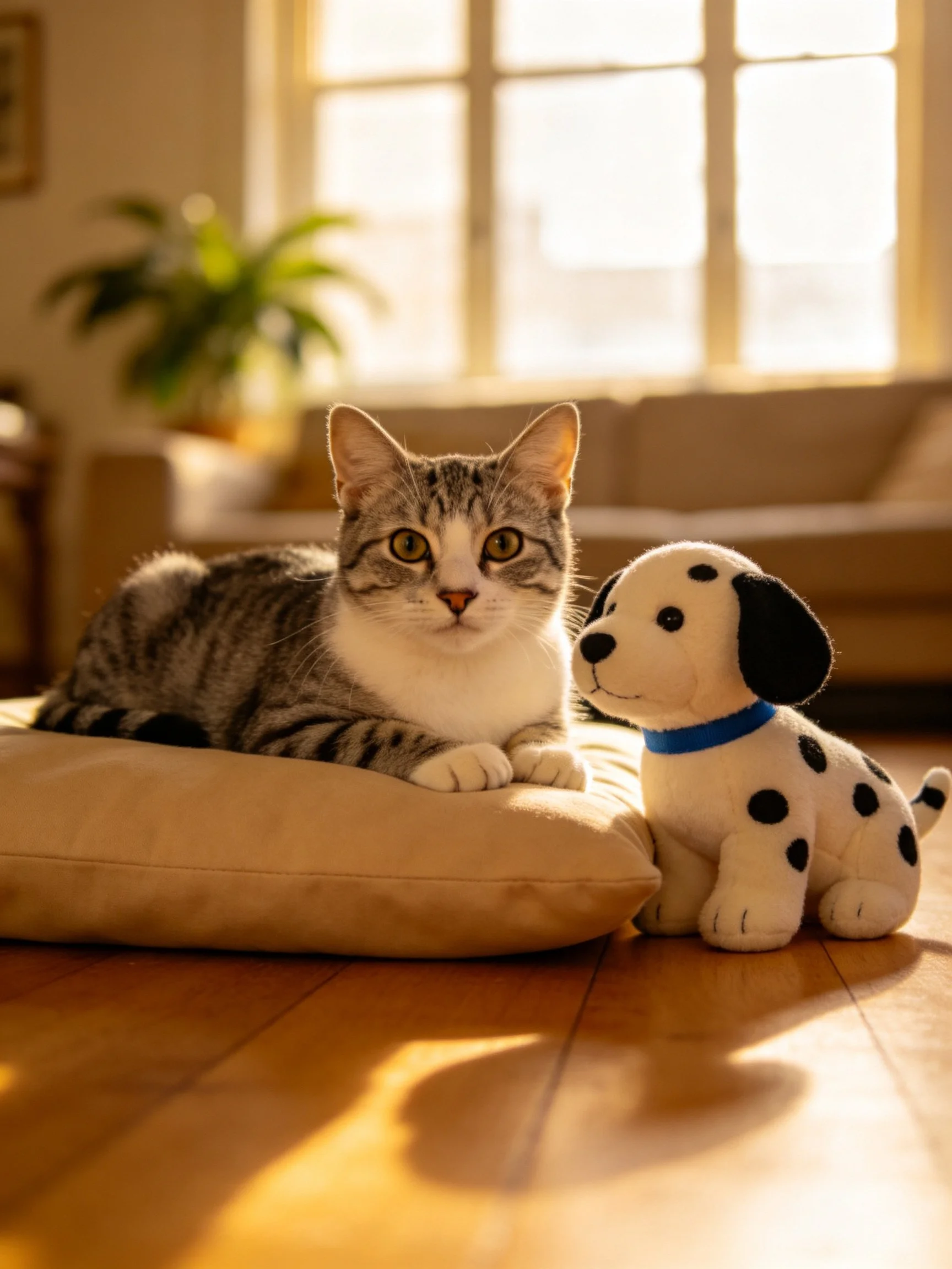A tabby cat sits next to a Dalmatian plush toy on a cushion in a sunlit living room