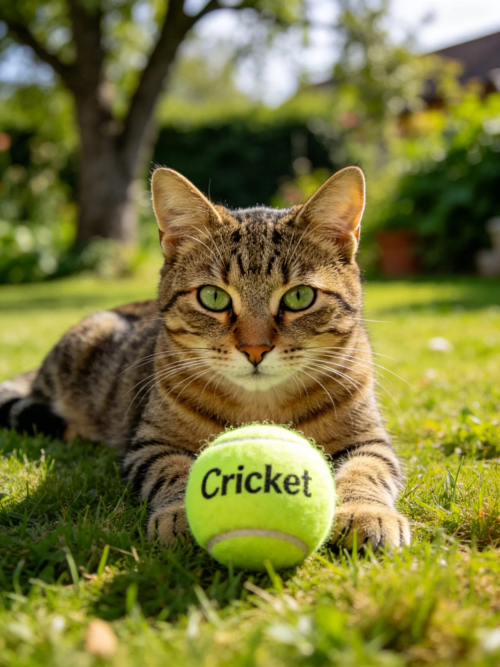 A tabby cat rests beside a bright yellow Cricket tennis ball on green grass