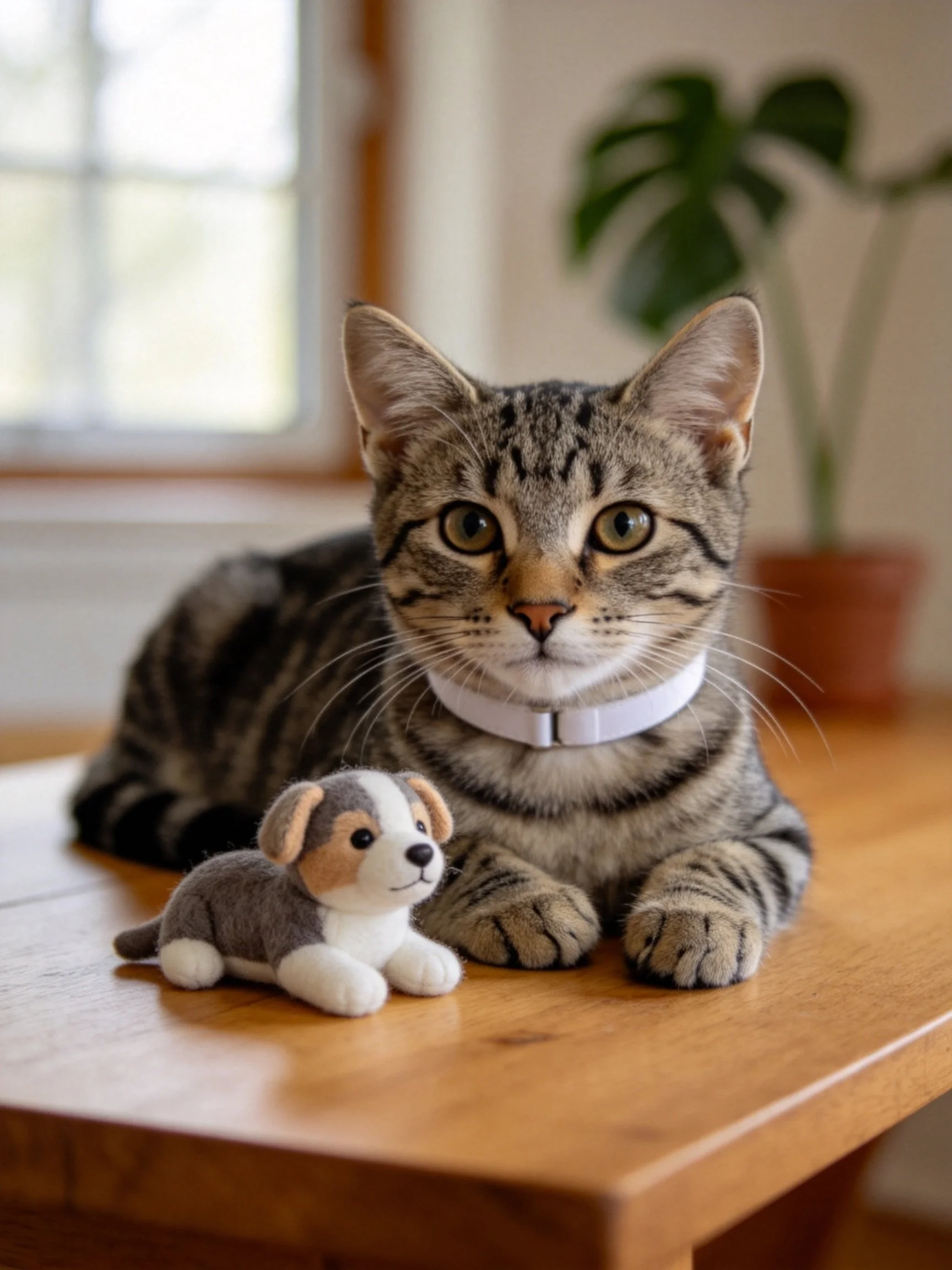 A tabby cat sits next to a small stuffed dog on a wooden table with indoor plants.