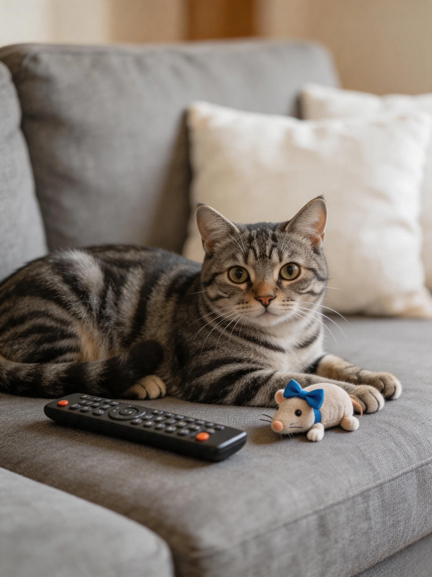 A tabby cat lies next to a remote control and stuffed mouse on agray sofa.