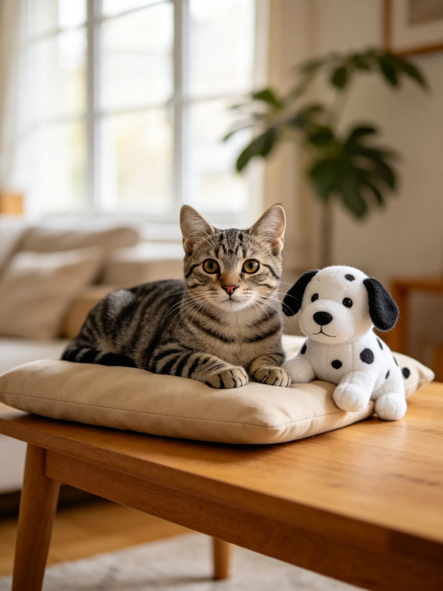 A tabby cat rests beside a spotted stuffed dog on a wooden table