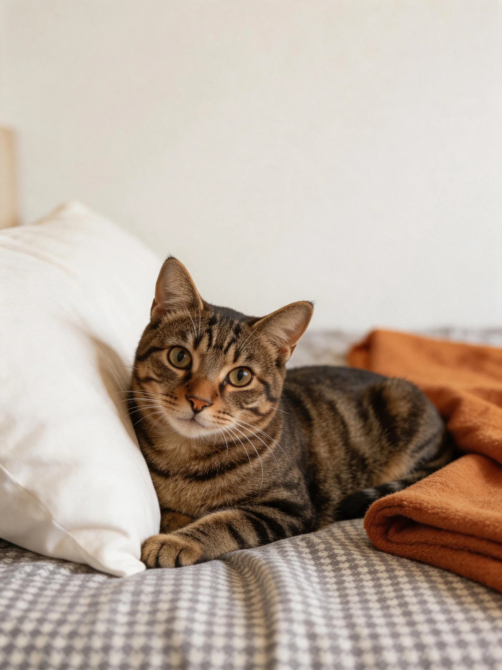 A tabby cat rests beside a white pillow on a checkered bedspread