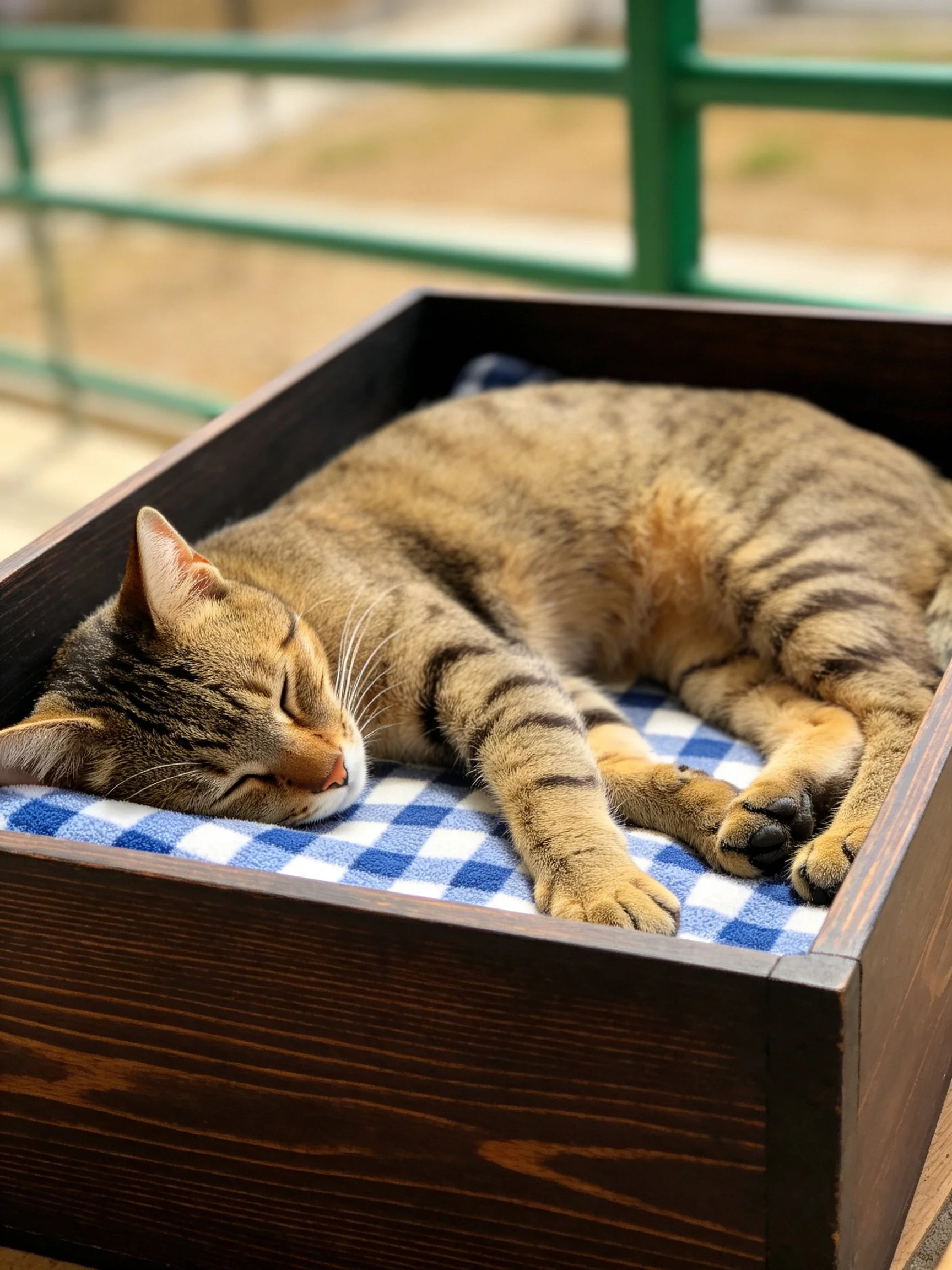 A tabby cat sleeps peacefully in a wooden box with a checkered lining.