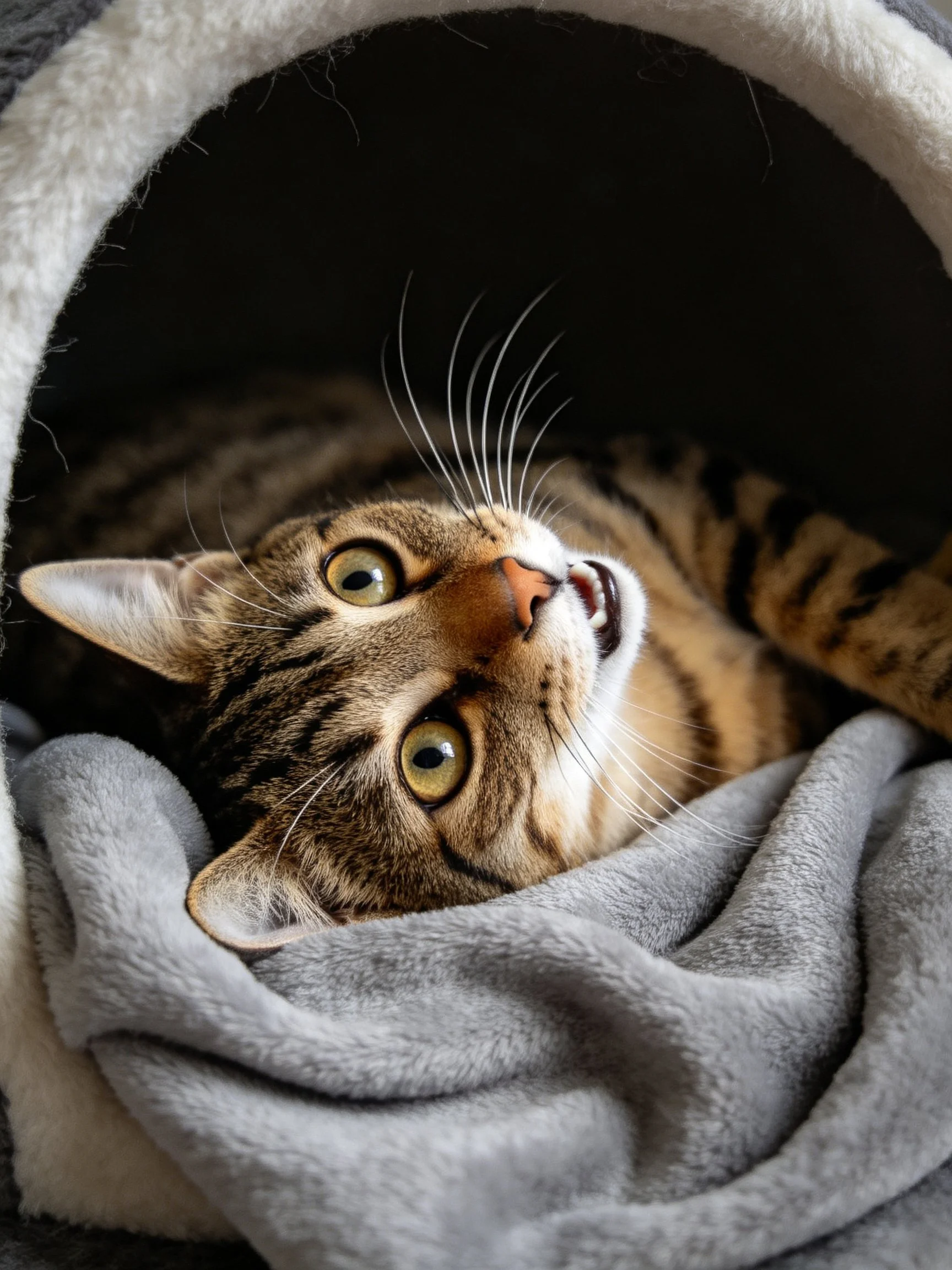 A tabby cat rests in a plush shelter with soft gray blankets
