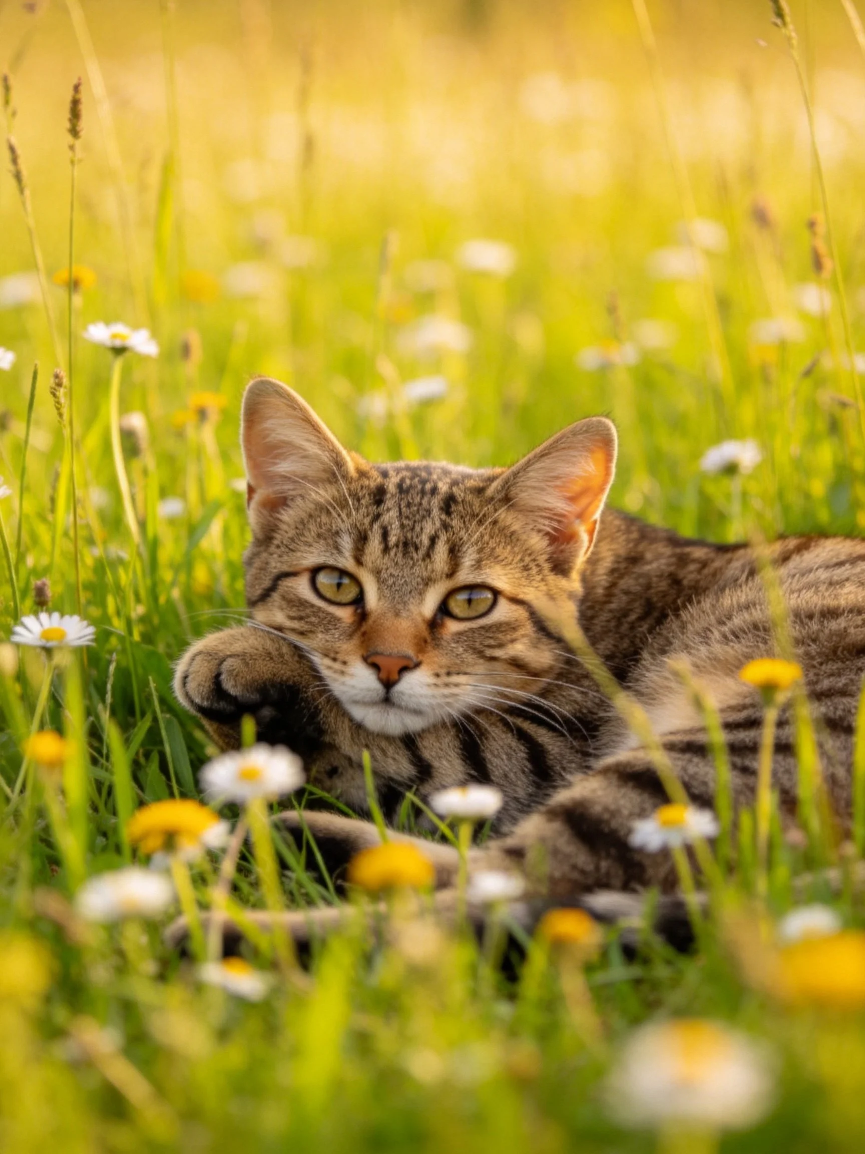 A tabby cat rests in a sunlit meadow with wildflowers