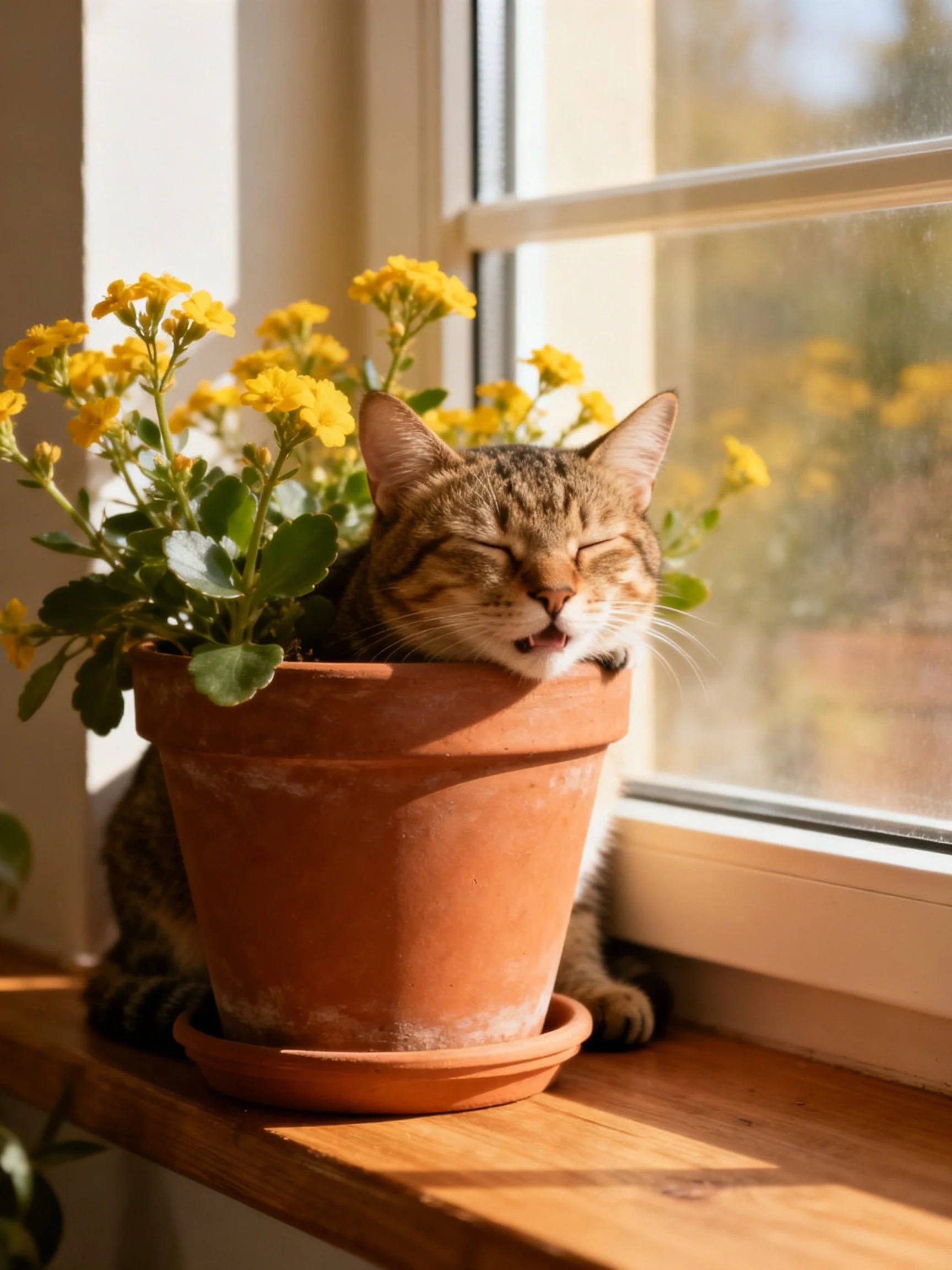 A tabby cat rests in a terracotta flowerpot