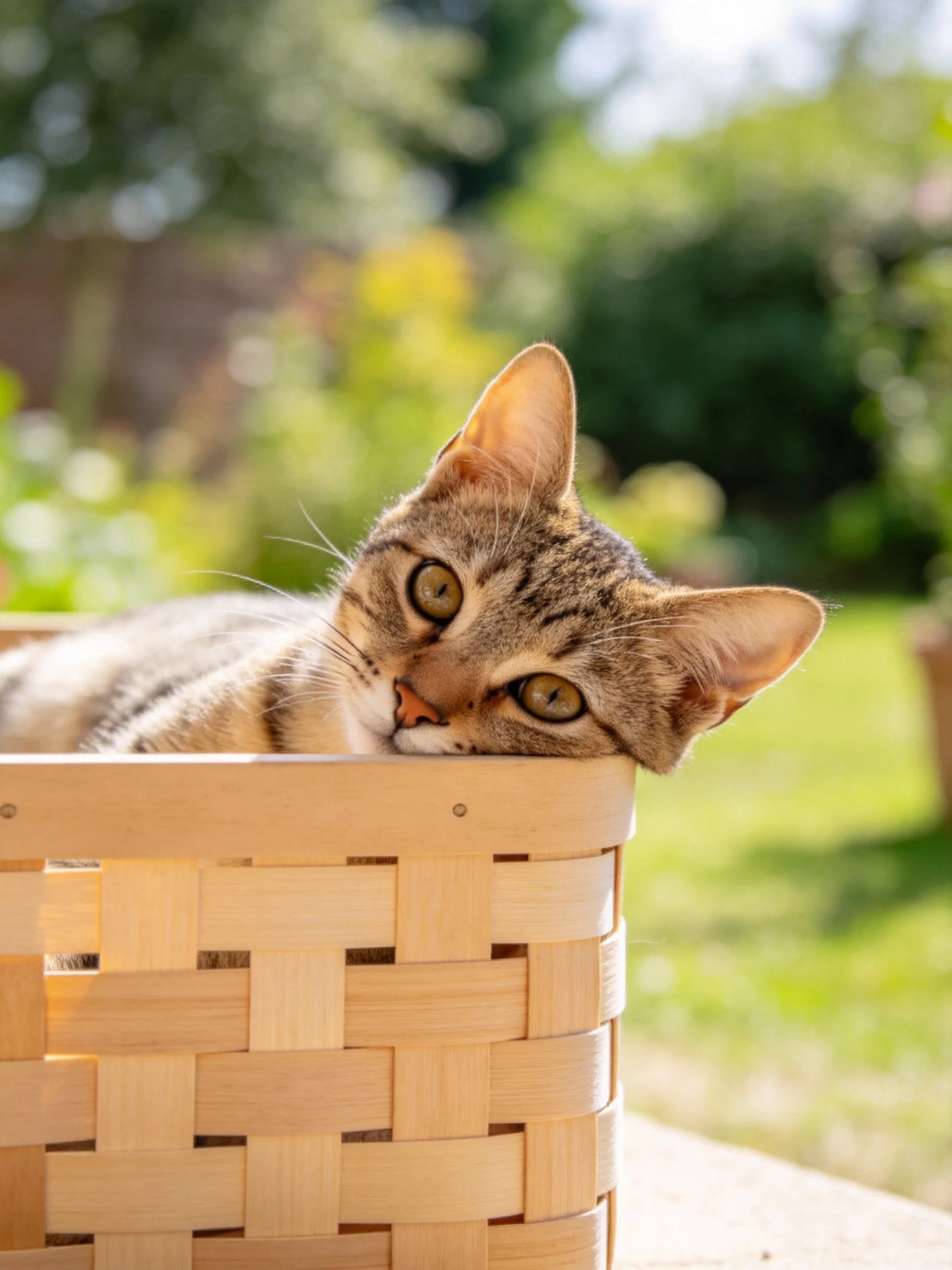A tabby cat rests in a woven wooden basket under sunny garden light.