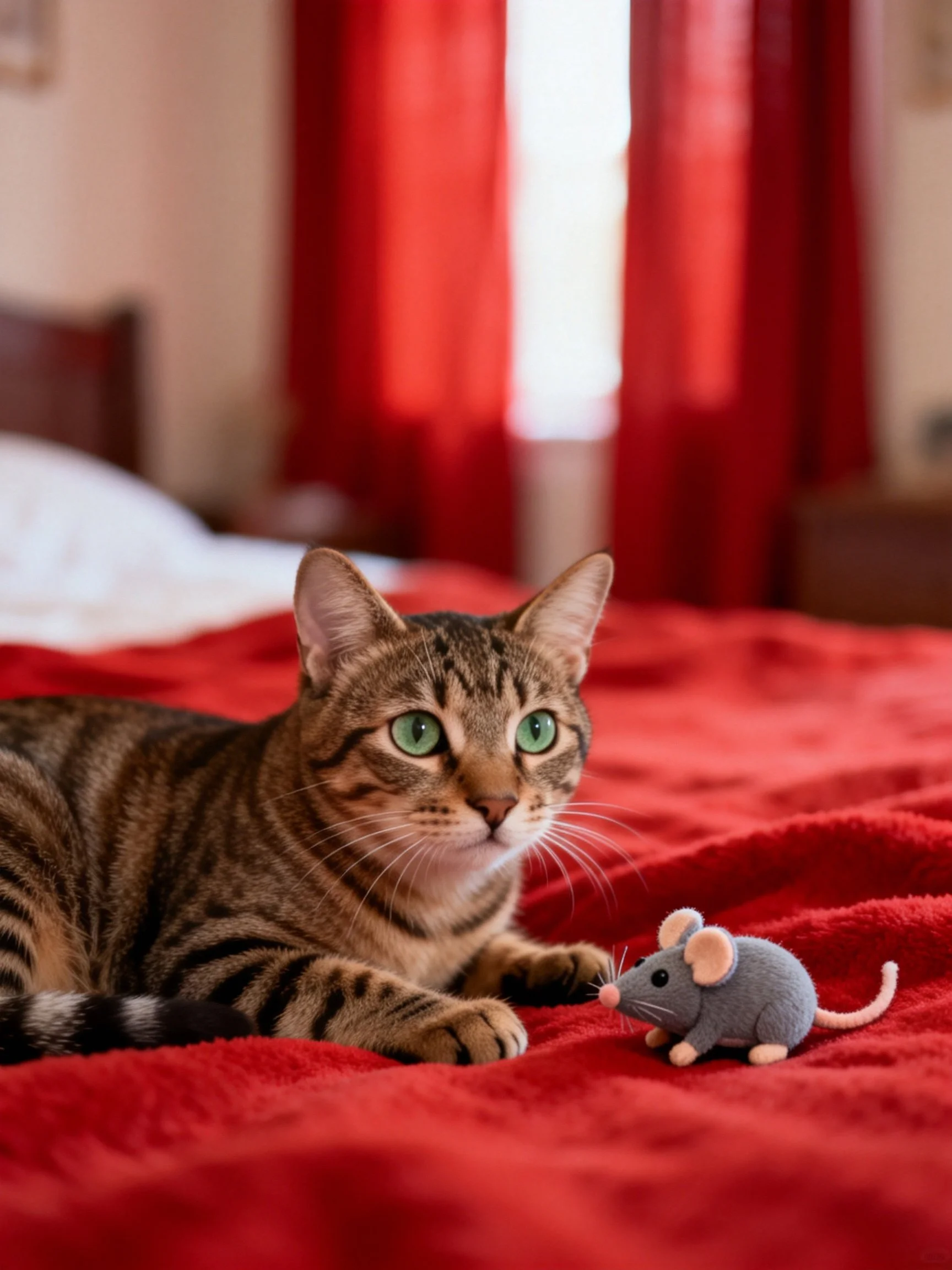 A tabby cat lies on a red bed beside a gray stuffed mouse