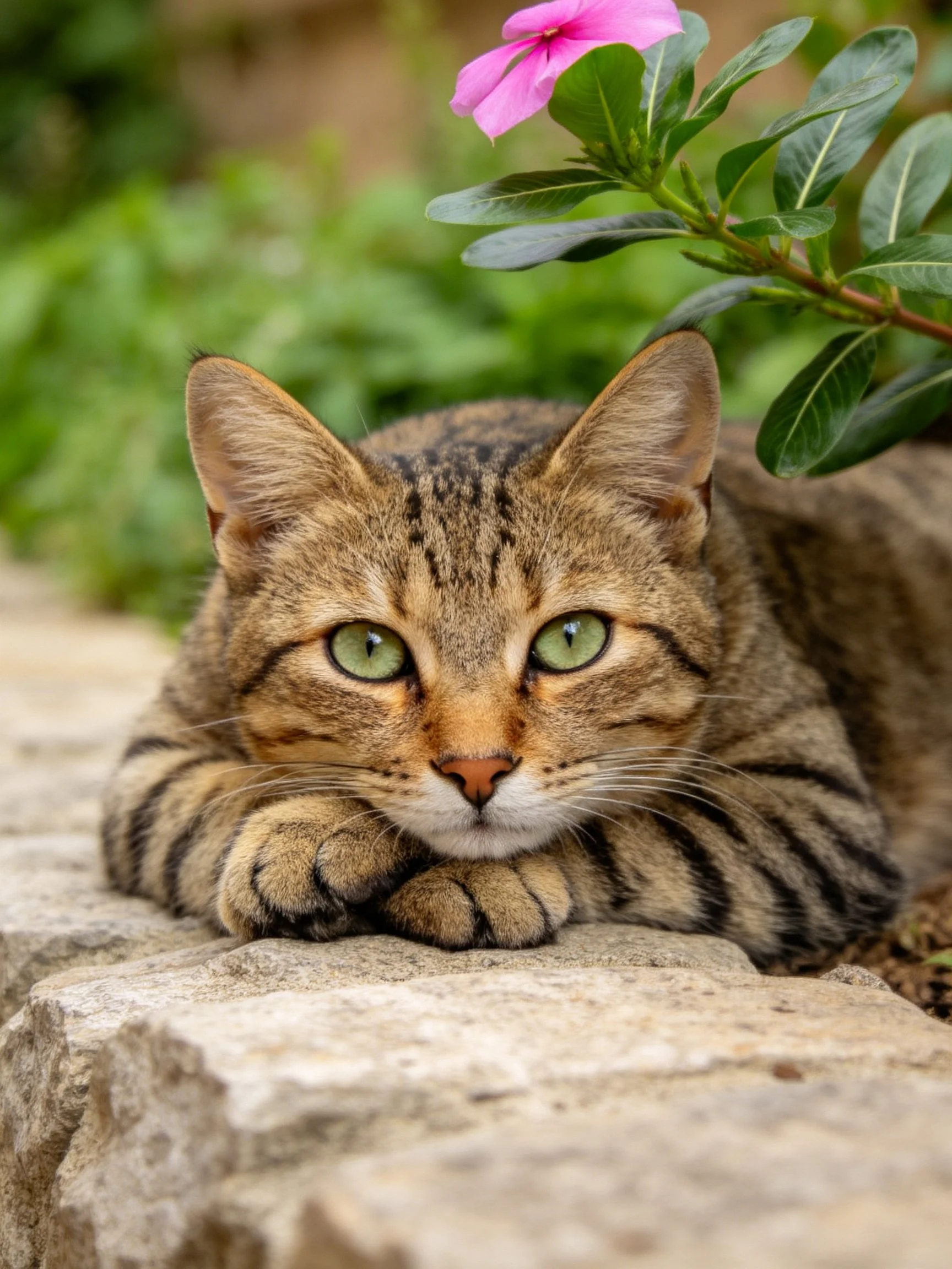 Tabby cat with green eyes rests near a pink flower on a stone ledge