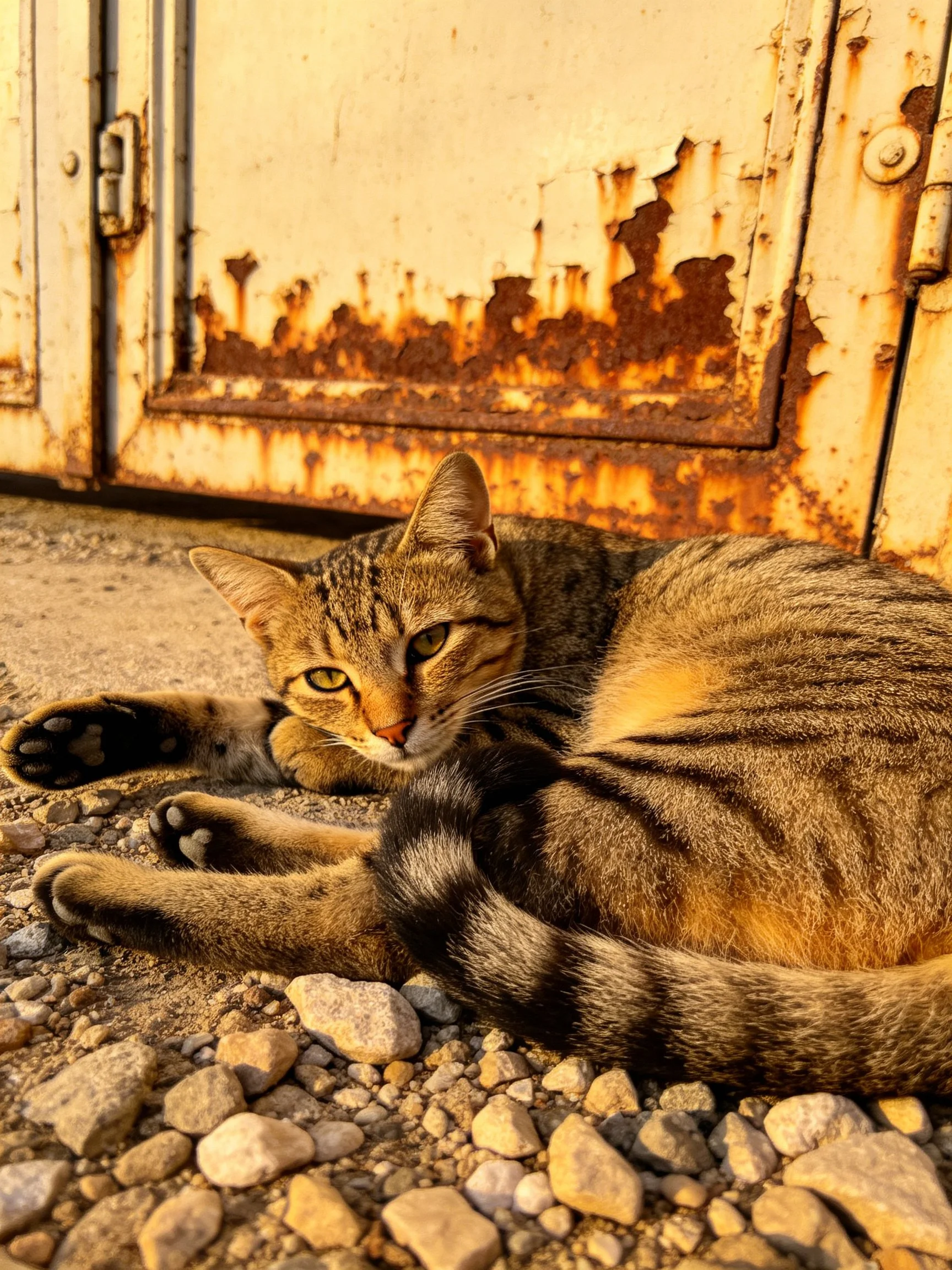 A tabby cat rests near a rusted metal structure on gravel