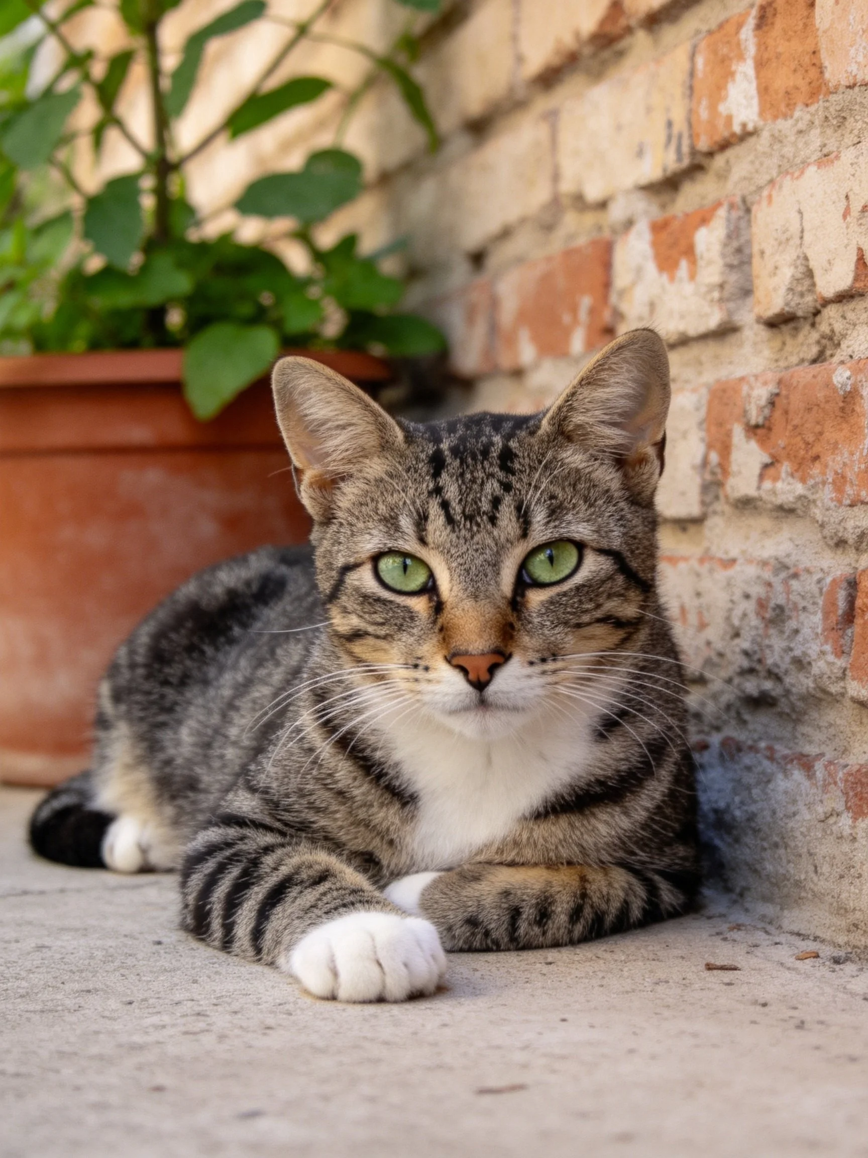 A tabby cat rests near an aged brick wall with a terracotta plant pot