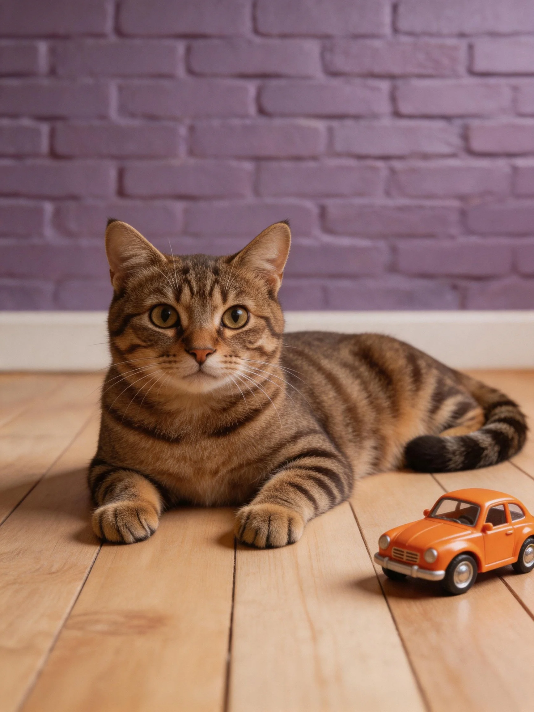 A tabby cat lies on a wooden floor next to an orange toy car with a purple brick wall.