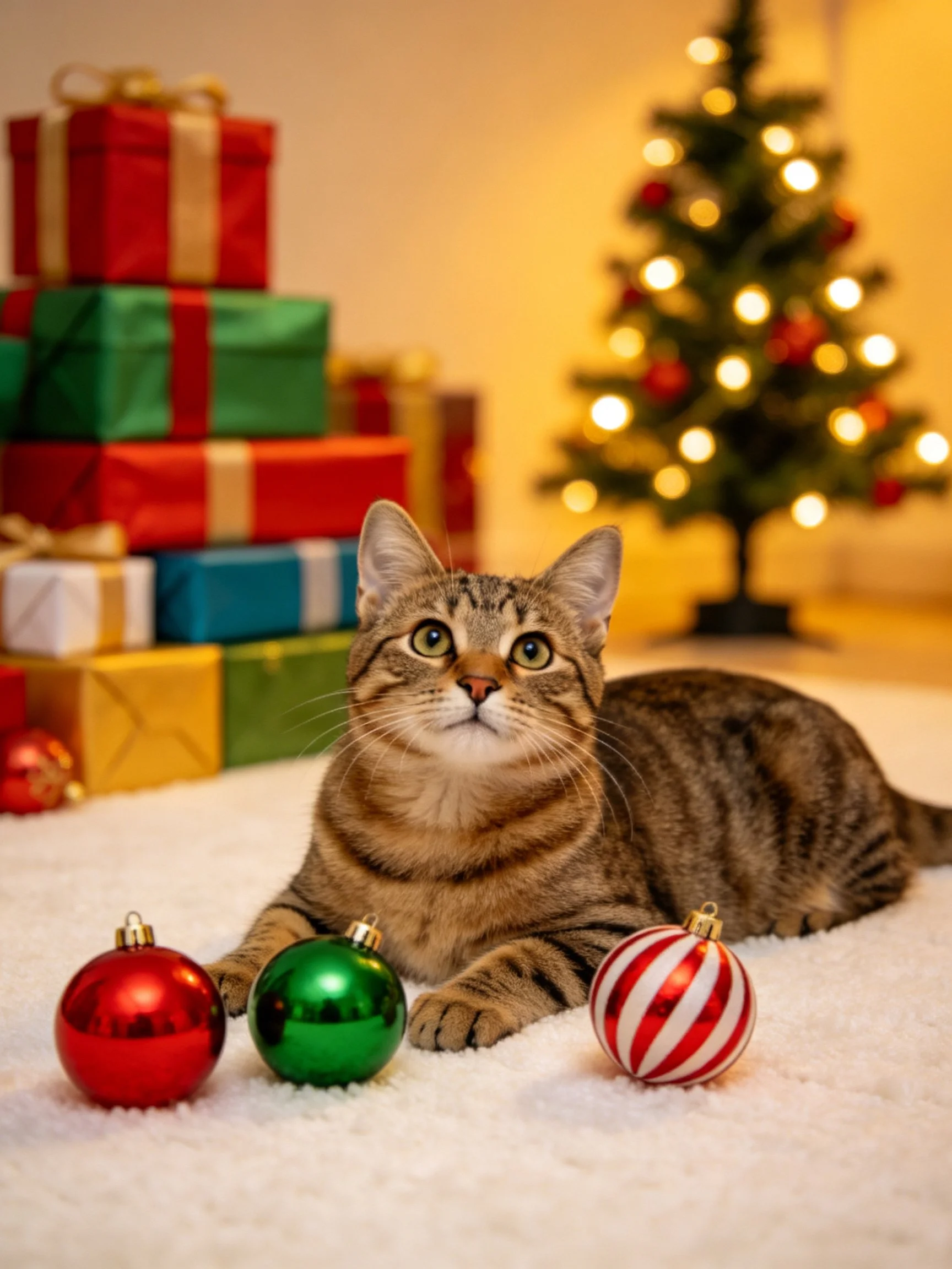 A tabby cat rests near stacked colorful gifts, ornaments, and a lit Christmas tree.