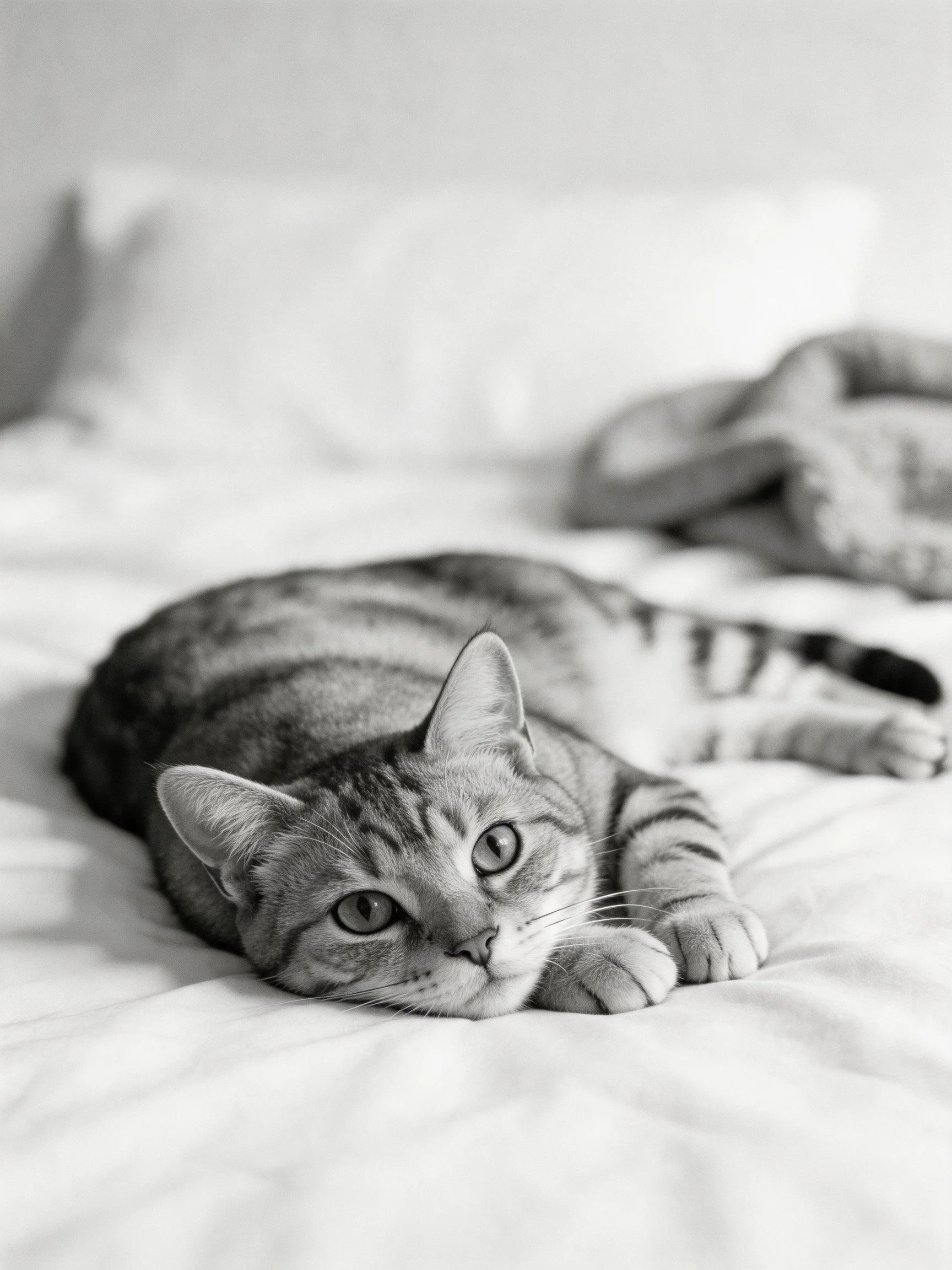 A tabby cat rests on a bed in monochrome