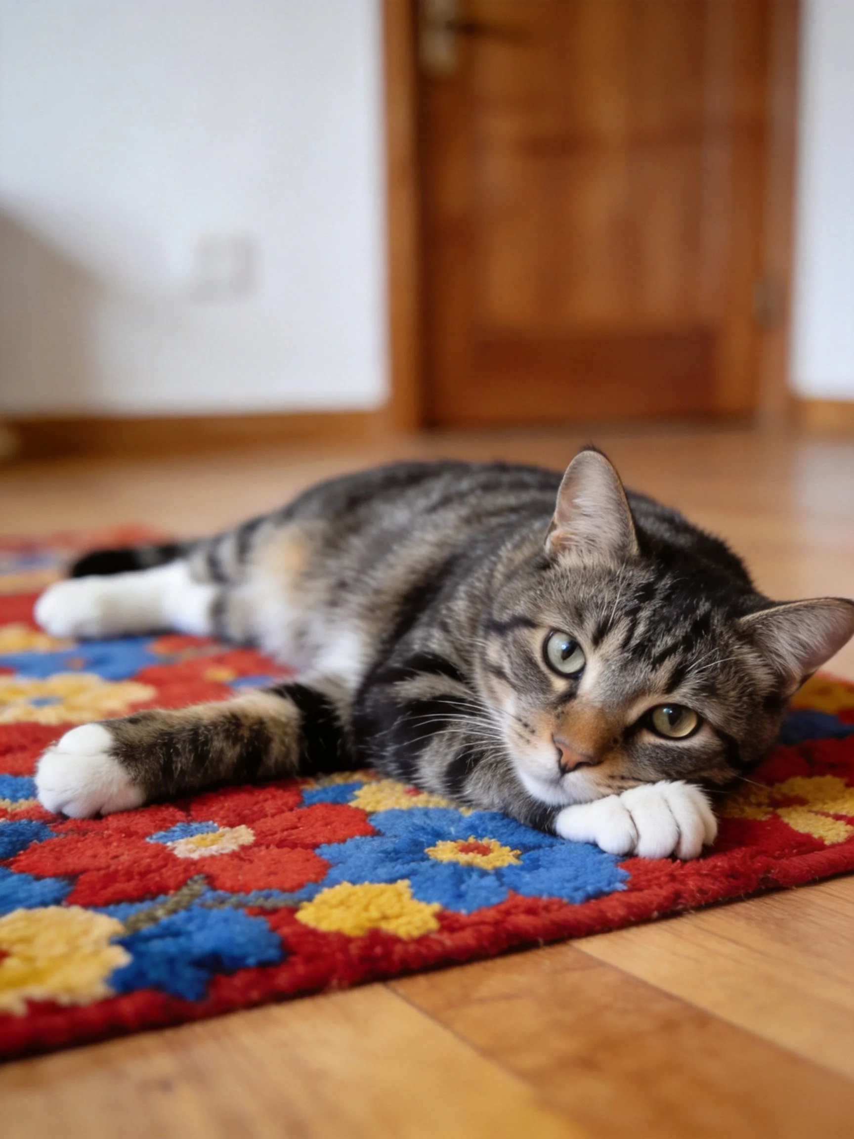 A tabby cat rests on a colorful flower-patterned rug indoors