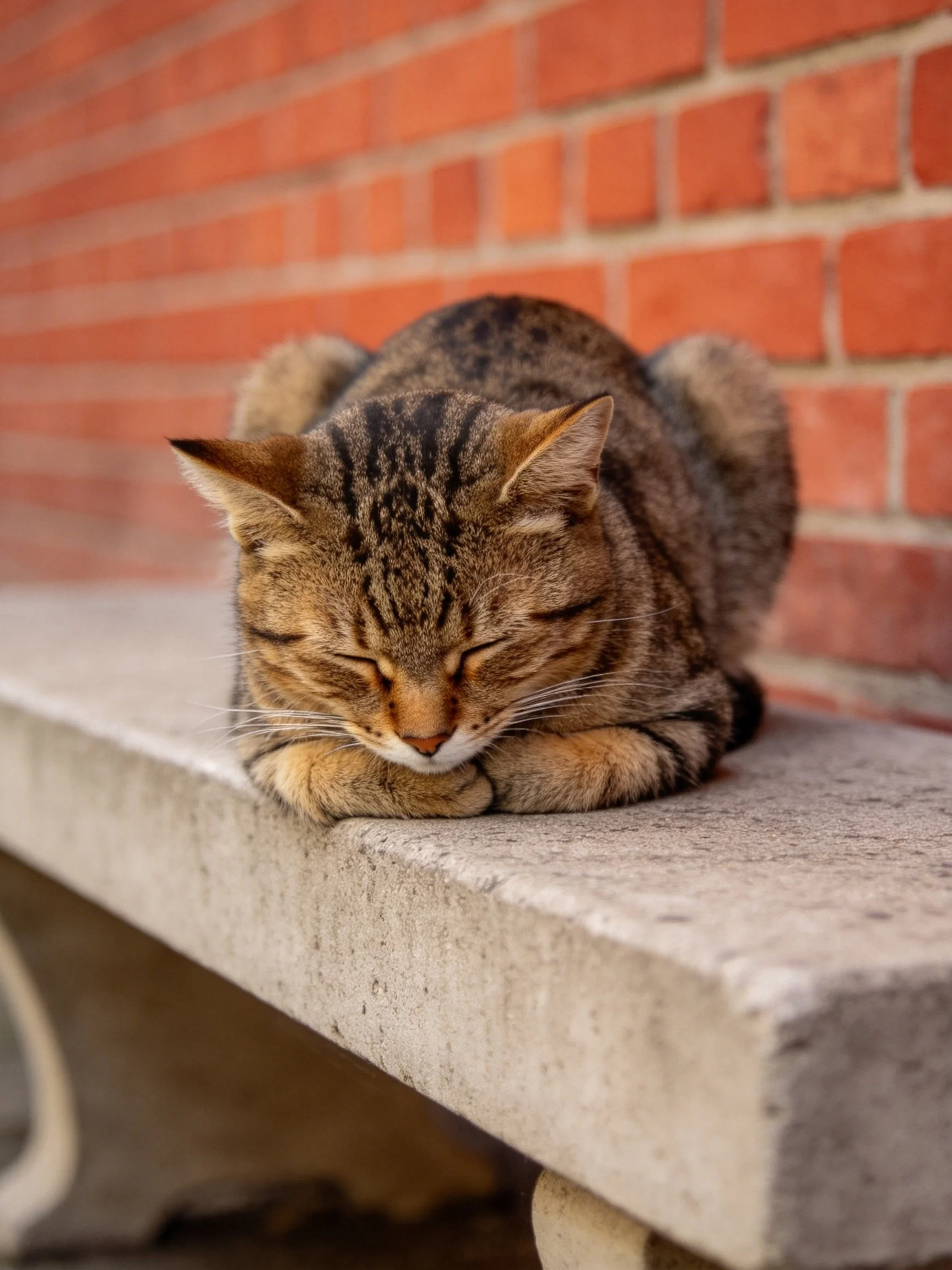A tabby cat rests on a concrete bench beside a red brick wall
