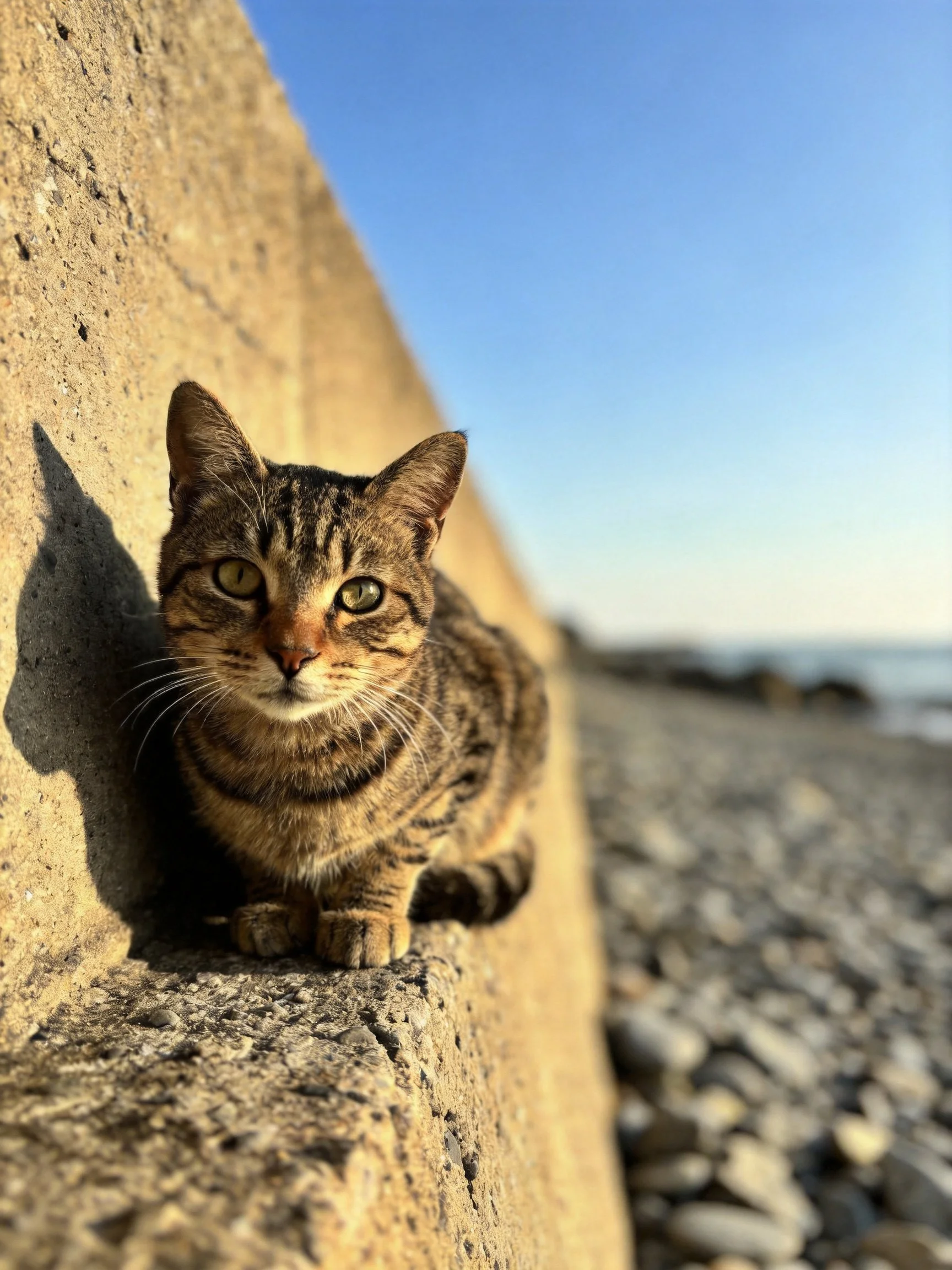 A tabby cat rests on a concrete wall by a pebbly shoreline under clear blue sky