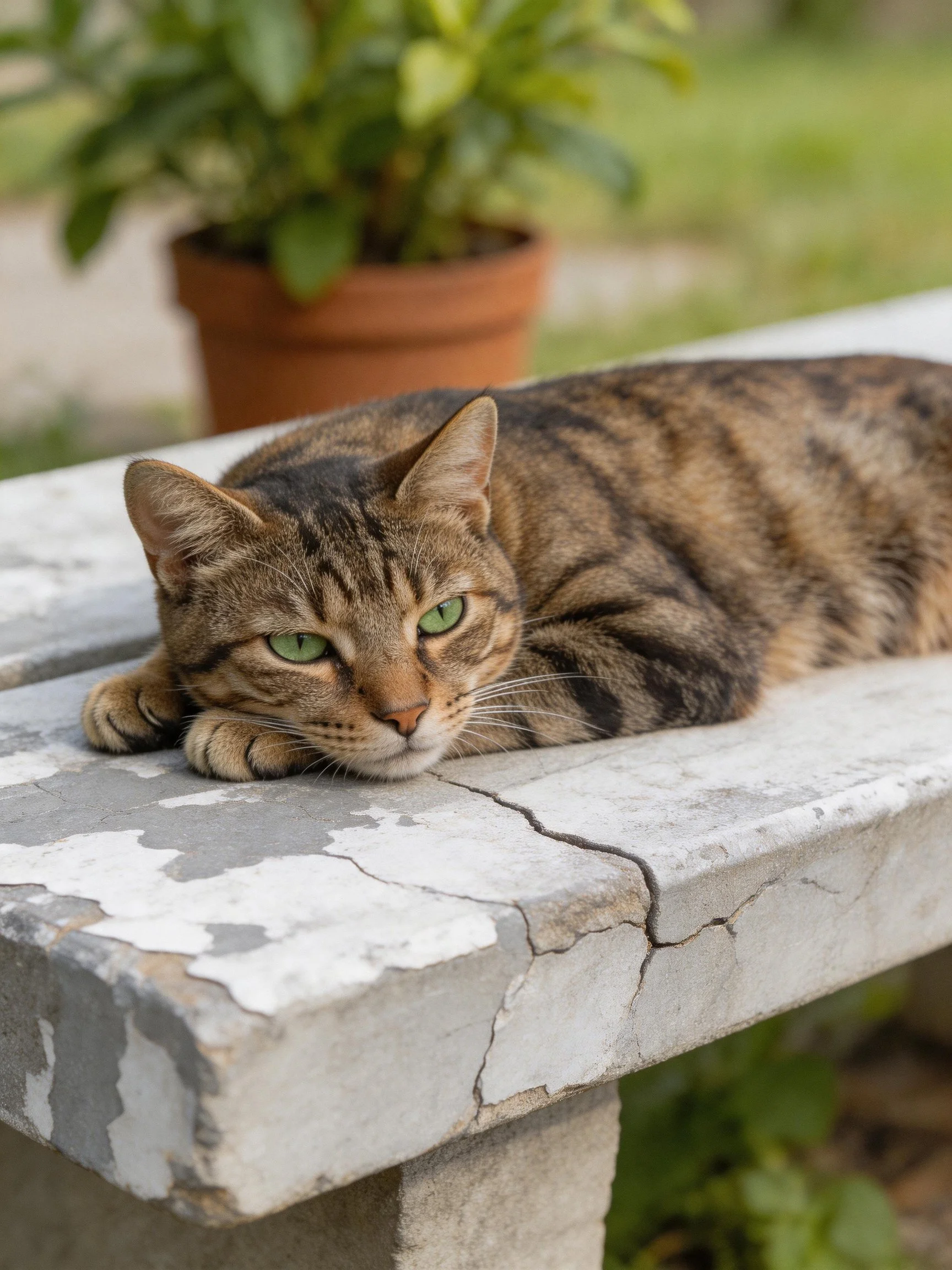 A tabby cat rests on a cracked concrete bench near a terracotta planter