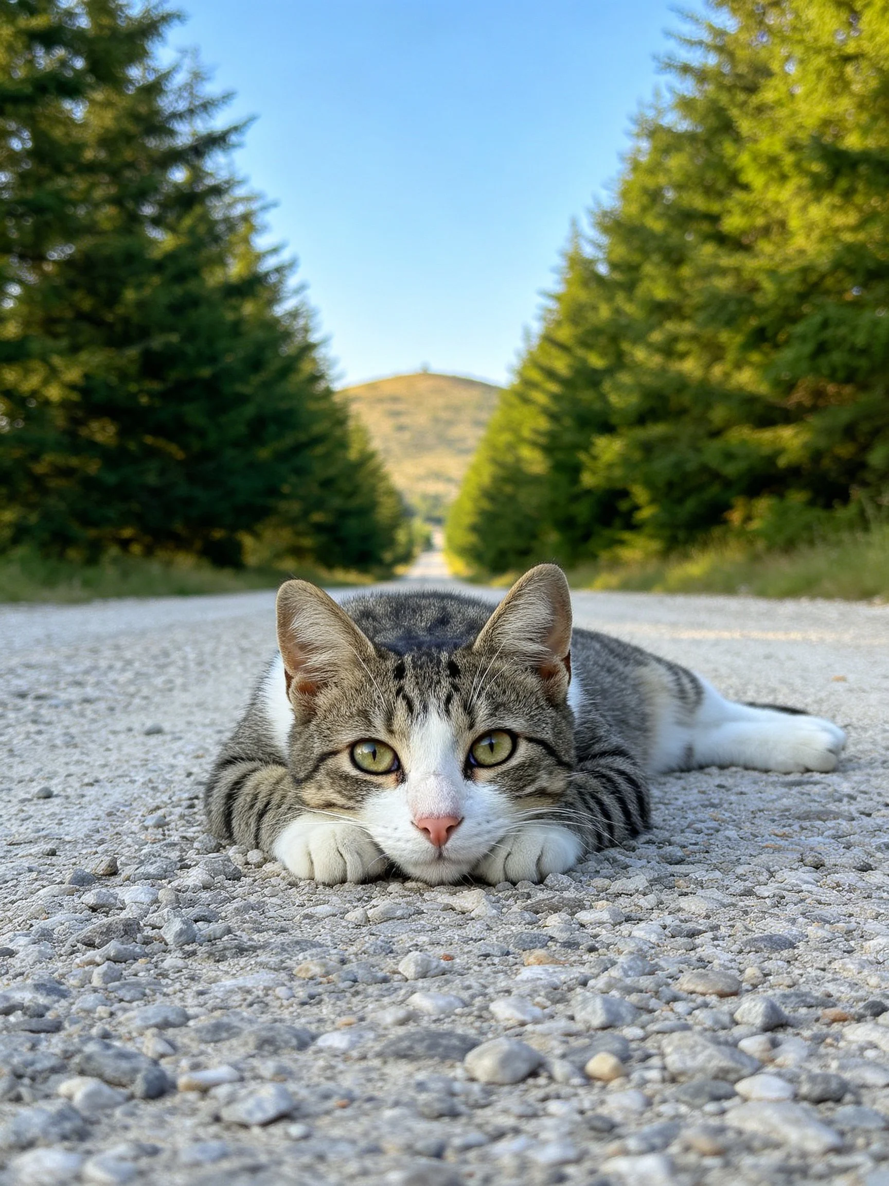 A tabby cat rests on a gravel road amid tall green trees