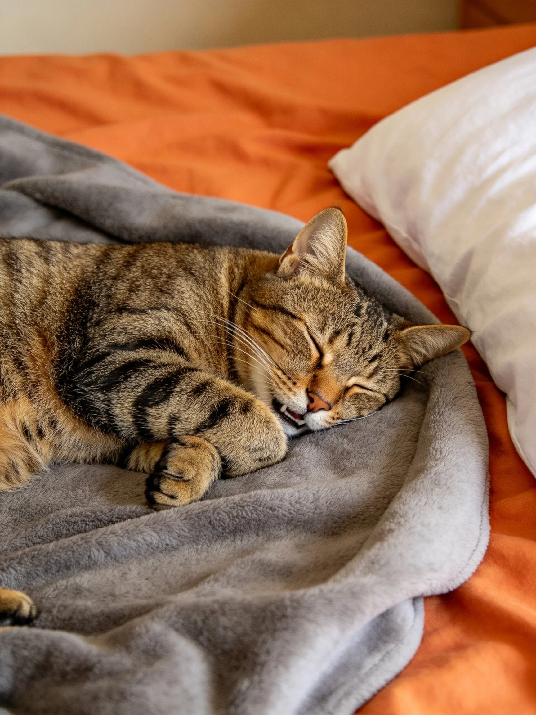 A tabby cat rests on a gray blanket over an orange bed