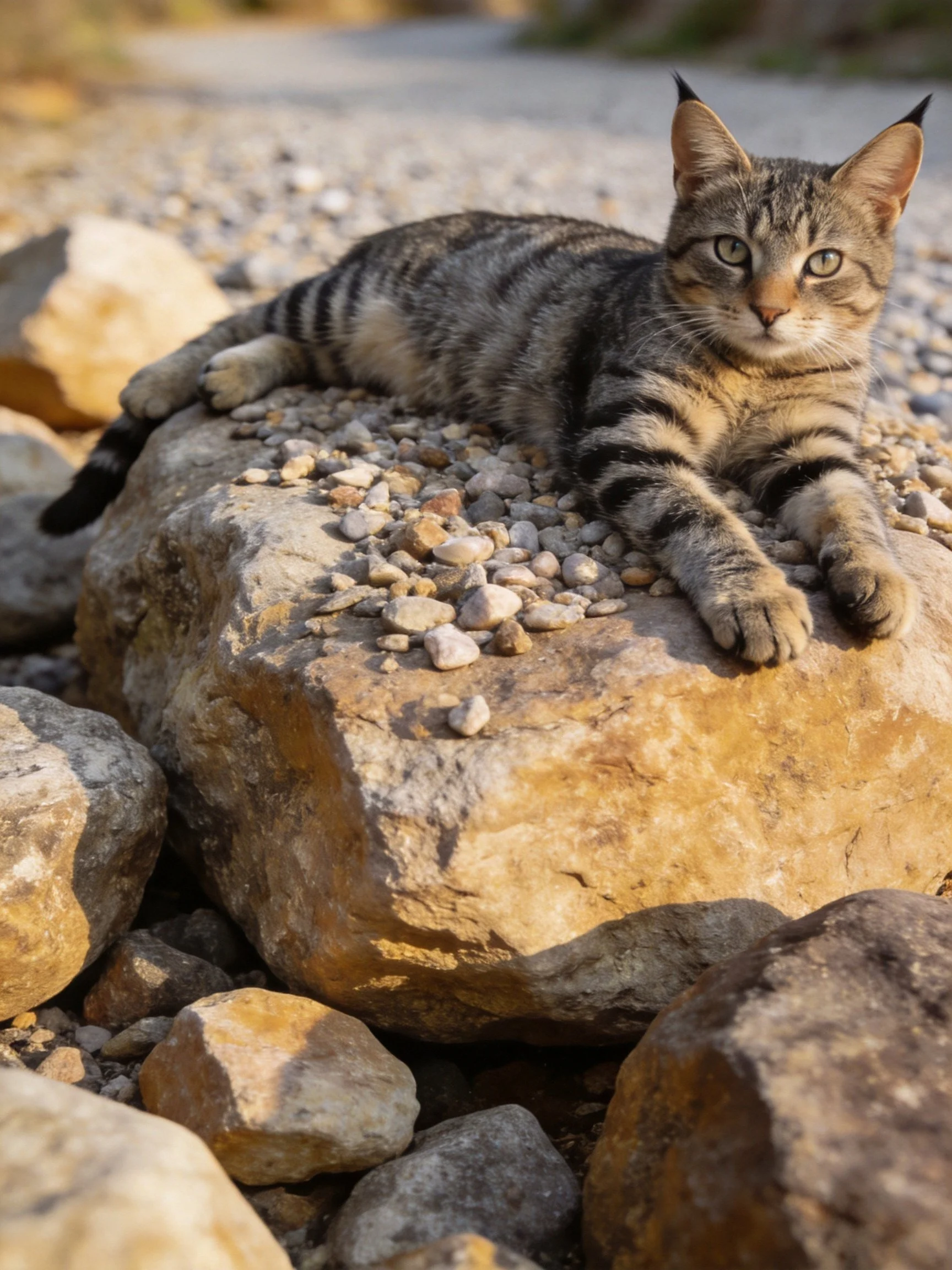 A tabby cat rests on a large rock with small pebbles