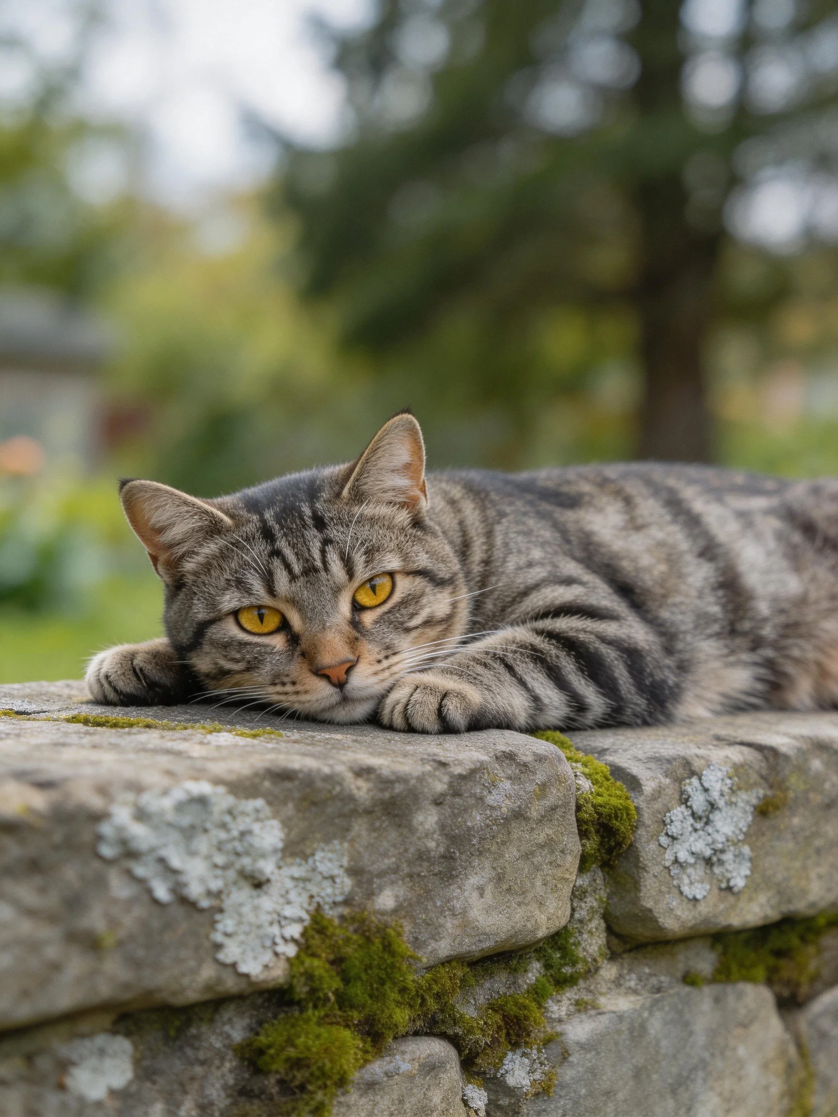 A tabby cat rests on a moss-covered stone wall with bright yellow eyes