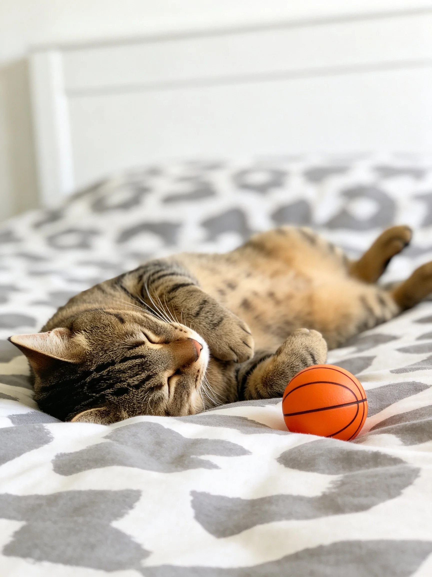 A tabby cat rests on a patterned bed beside an orange basketball