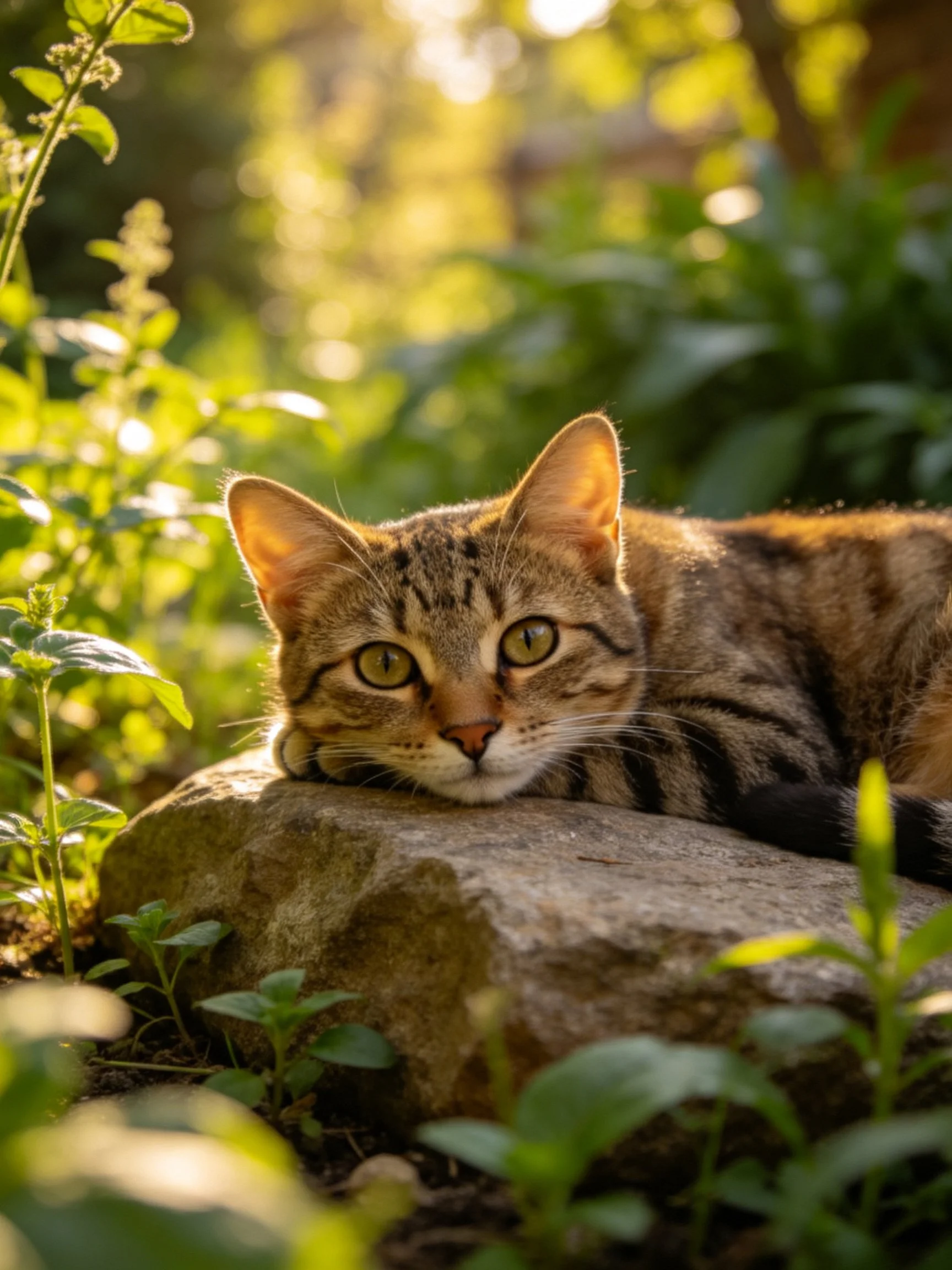A tabby cat rests on a rock amid lush green foliage in golden light
